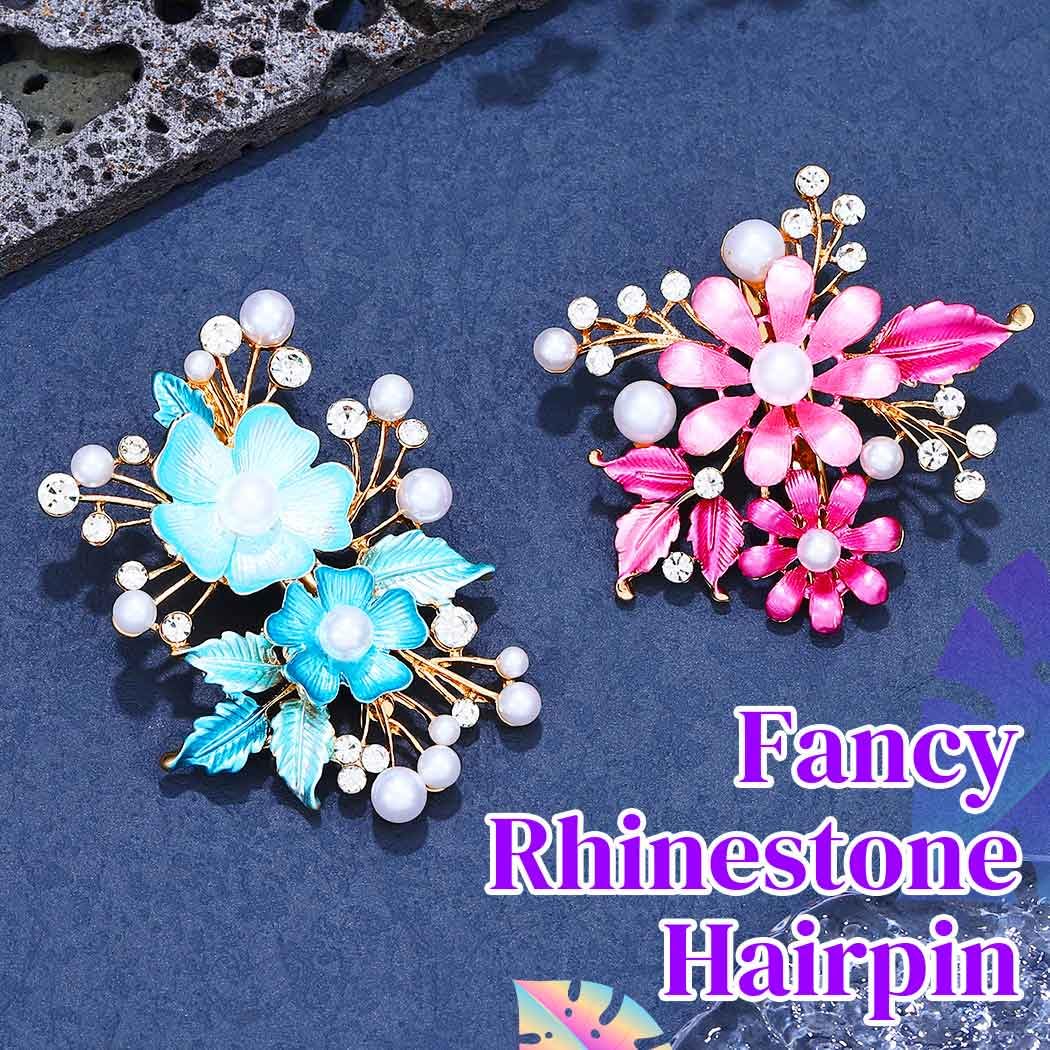 Jovono Flower Hair Barrette Clips Gold Crystal Wedding Hair Clips Pearl Hair Accessories for Women (2PCS) (Pink+Blue, One size) - Image 4