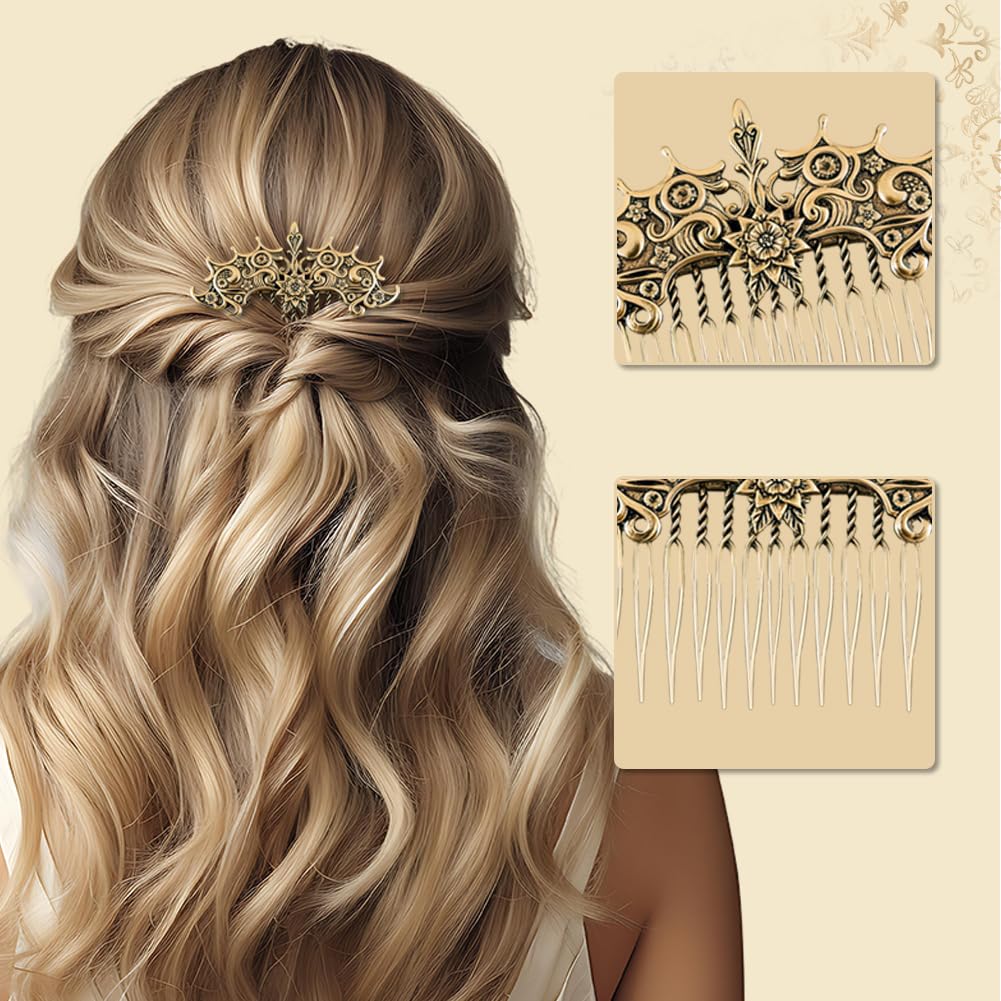 6 Pack Vintage Hair Side Combs For Women Gem Decorative Hair Combs, INLAZTIM Retro Gold Metal Hair Comb Clips With Teeth Grip For Wedding Hair Accessories - Image 3
