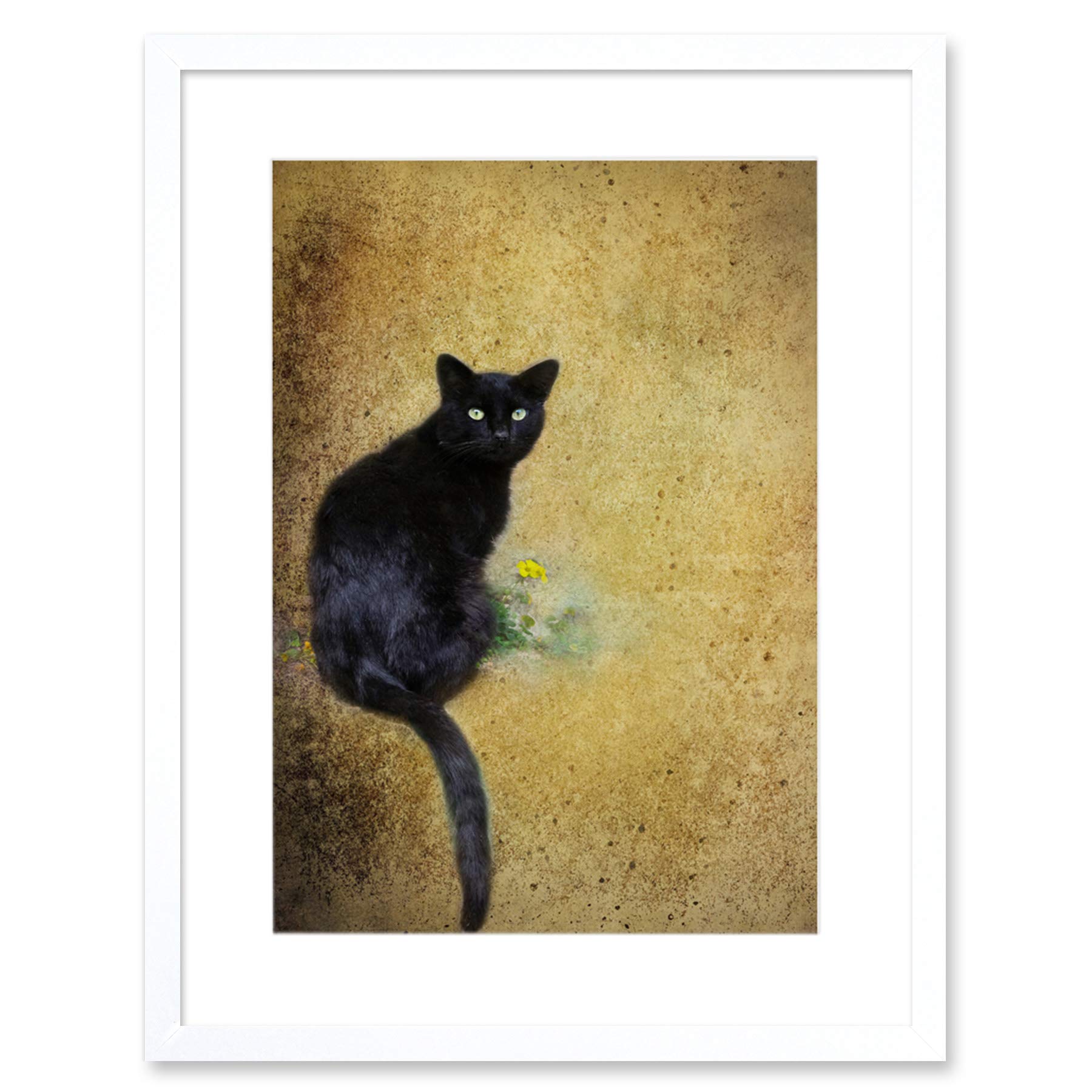 Wee Blue Coo Black Cat Yellow Flower Artwork Framed Wall Art Print 9X7 Inch