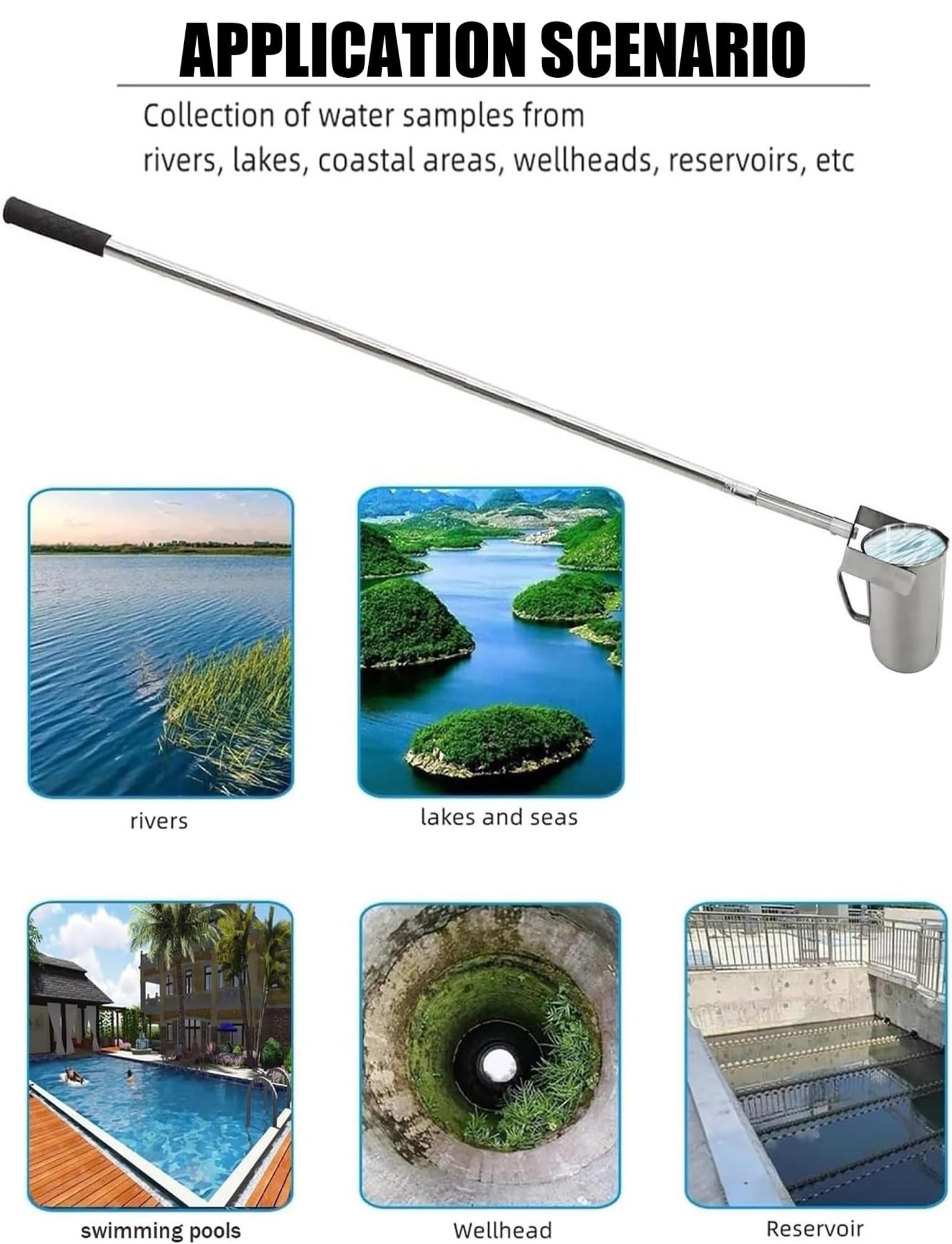 Campionatore d'acqua for piscina, mestolo portatile for liquidi con asta estensibile for laboratorio/fabbrica/test, kit set campionatore d'acqua(123-500cm)