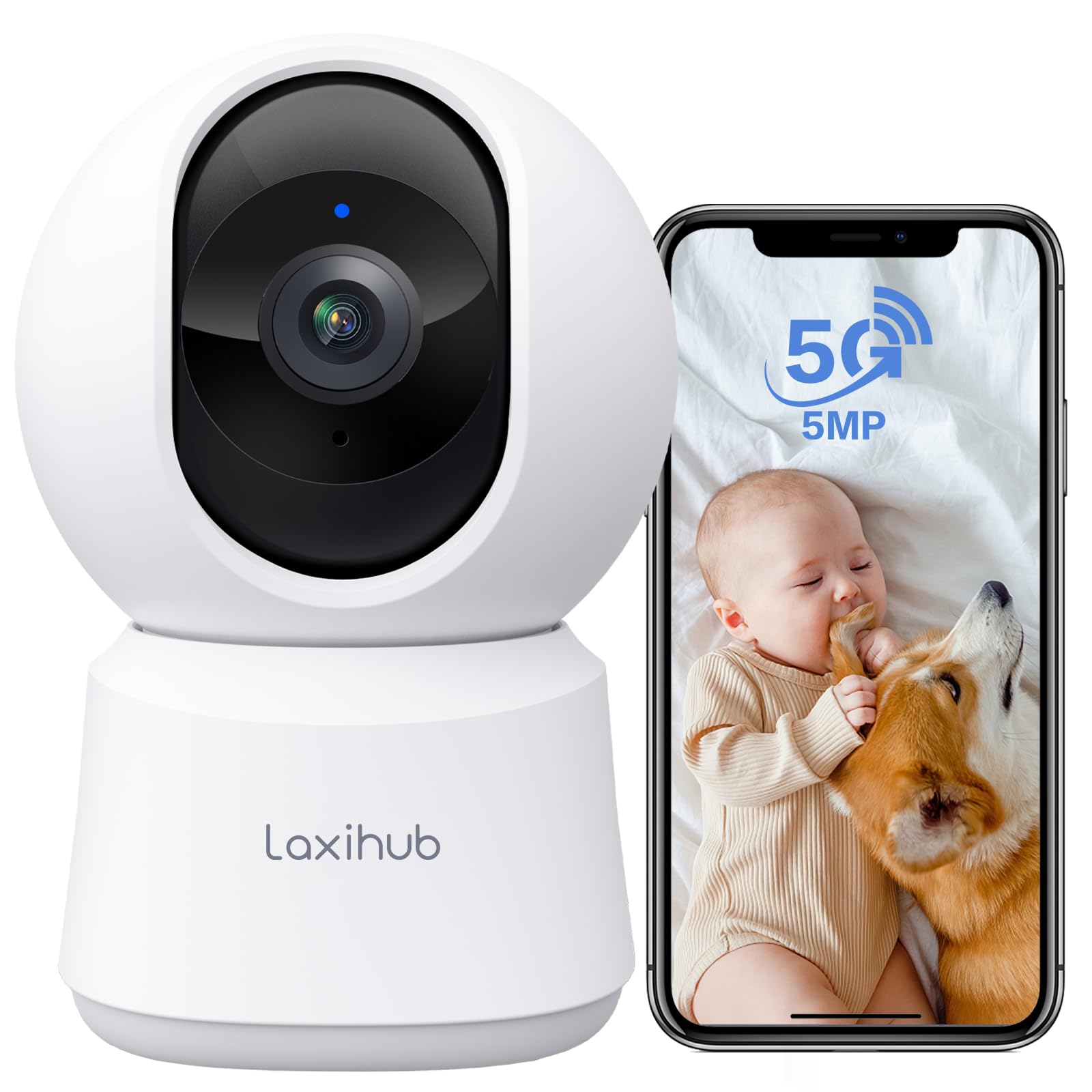LAXIHUB 5MP Cámara Vigilancia WiFi Interior, 2,4/5GHz Cámara Vigilancia Domicilio WiFi, Cámara para Perros PTZ 355°, Audio Bidireccional, IP Cámara para Mascotas Compatible con Alexa