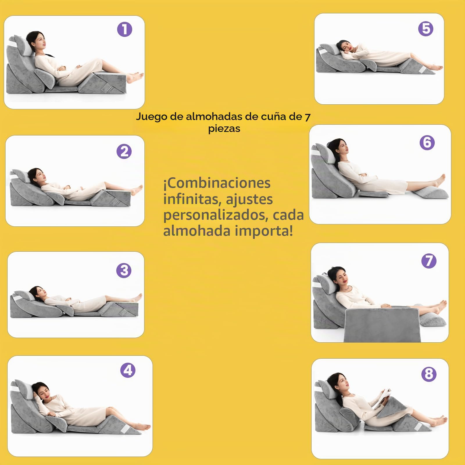 LIFEZEAL Juego de 7 Almohadas Ortopédicas para Sofá y Cama, Conjunto de Almohadas de Cuña con Fundas Desmontables y Lavables, Almohadas para Dormir con Soporte para Cabeza, Cuello, Espalda y Piernas