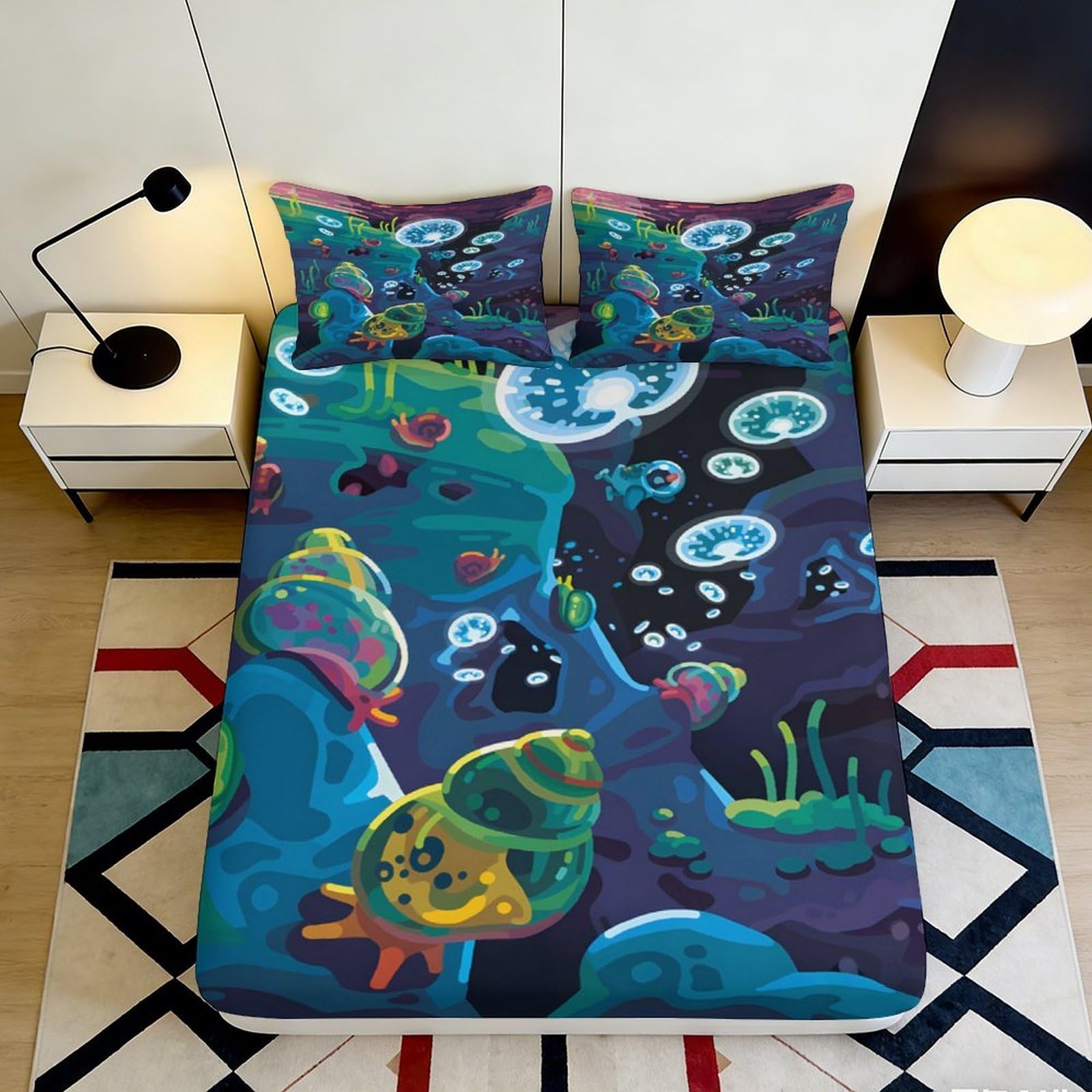 3D Printed Ocean Underwater World Fitted Sheet Microfiber Soft Breathable Jellyfish Mattress Cover for Bedroom Guest Room Decor 90x200x25cm