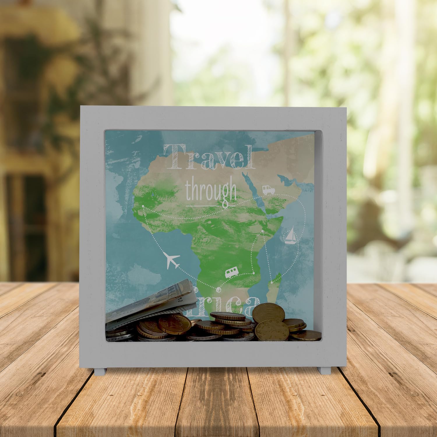 Spardose Aus Holz Mit Afrika-Karte & Spruch – Reisespardose Für Afrika-Reise, Ca. 9,8x10,1x8 Cm
