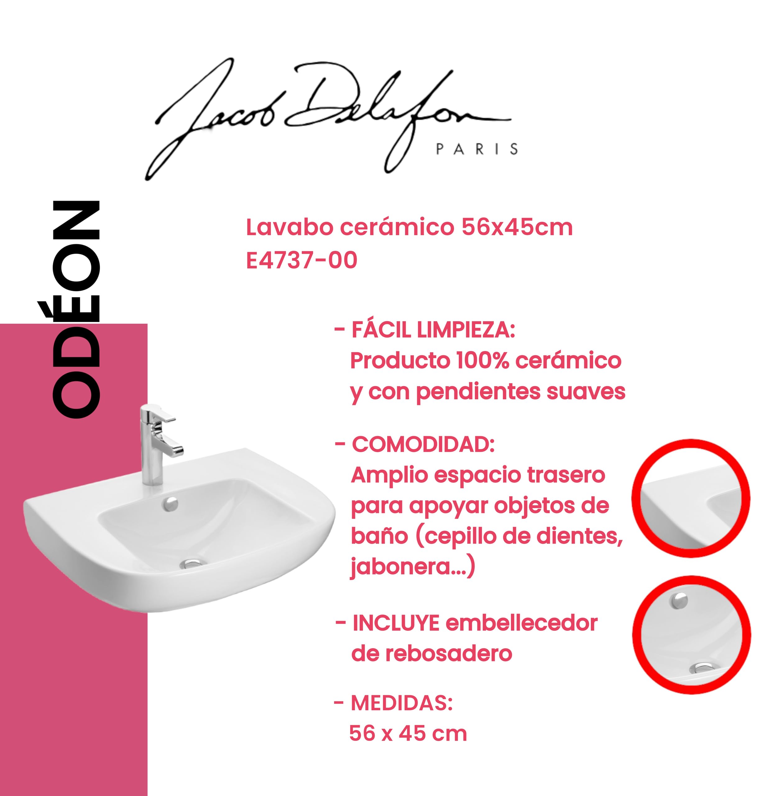 JACOB DELAFON Lavabo en céramique pour salle de bain Dimensions 56 x 45 cm Nettoyage facile Confort d'utilisation Couleur blanc ODEON UP E4737-00