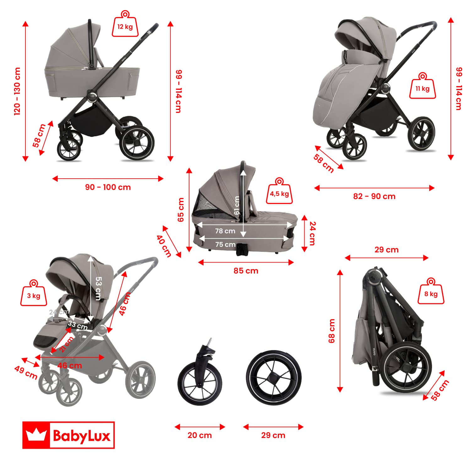 BabyLux Wielofunkcyjny Wózek Dziecięcy 3w1 GAVIA Lekki i Kompaktowy | Gondola, Spacerówka, Fotelik Samochodowy, Składana Aluminiowa Konstrukcja Stelaża, Regulowane oparcie, Akcesoria