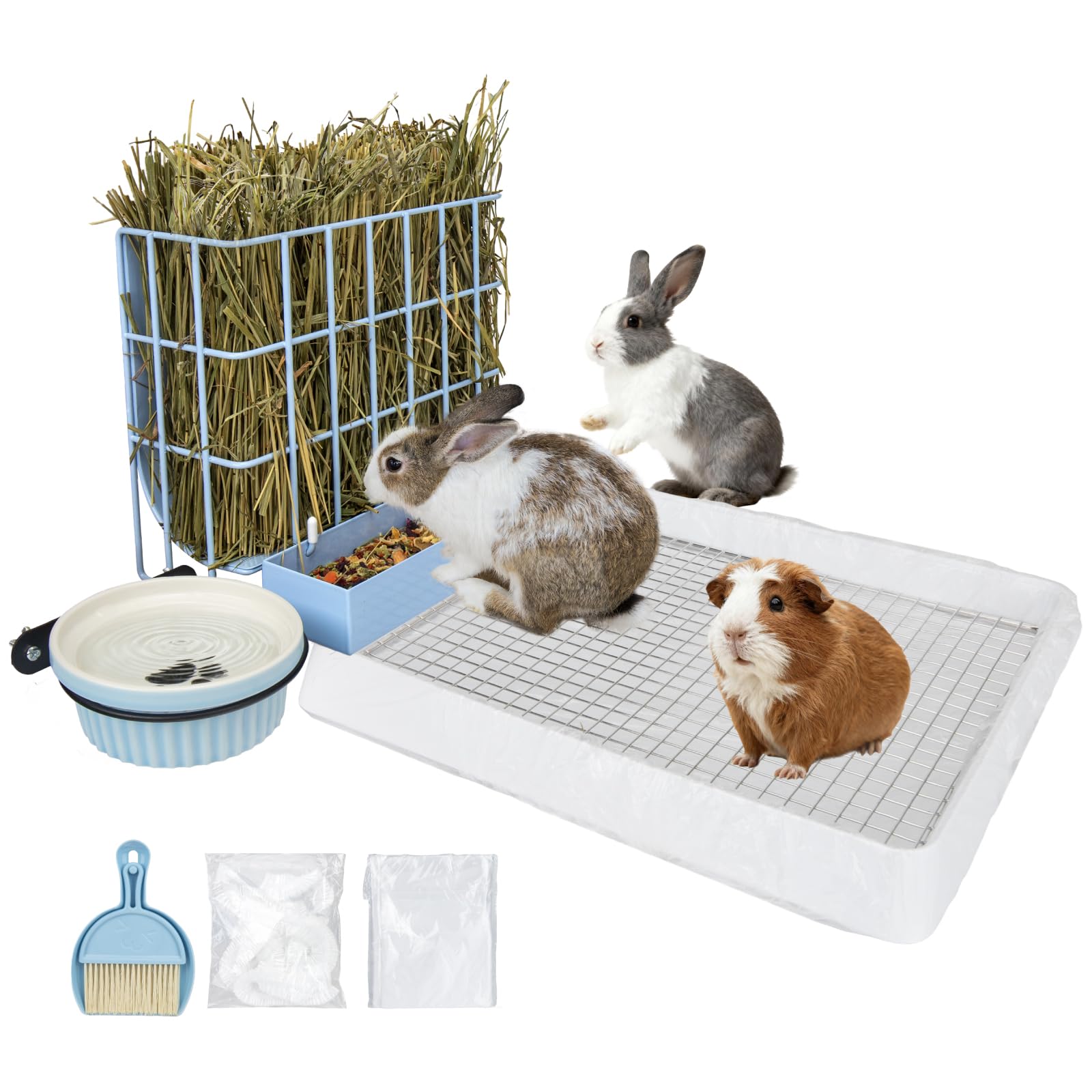 BESNEW 3 in 1 Rabbit Hay Feeder with Litter Box,Upgraded Metal Hay Rack & Litter Tray & Water Bowl,Quick Cleaning,Easy to Install,Bunny Supplies for Rabbit Guinea Pig Chinchilla Small Animals