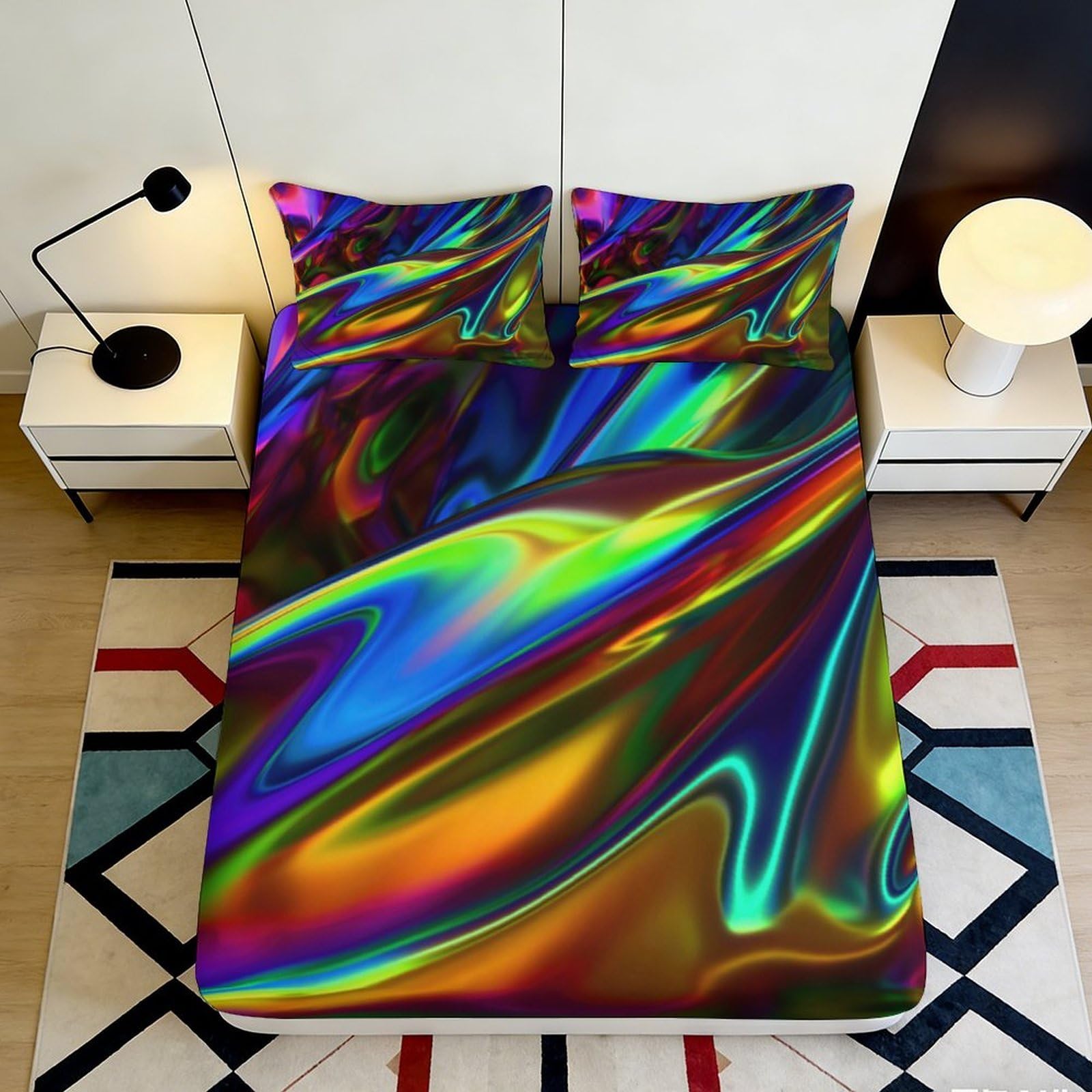 3D Printed Iridescent Abstract Fitted Sheet Microfiber Soft Durable Multicolor Cosmic Nebula Mattress Cover for Bedroom Dorm Dormitory Guest Room Use 160x200x25cm