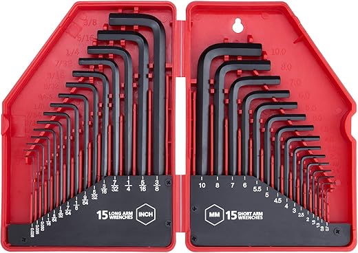 30-Piece Premium Hex Key Allen Wrench Set, SAE and Metric Assortment, L Shape, Chrome Vanadium Steel, Precise and Chamfered Tips | SAE 0.028 - 3/8 inch | Metric 0.7 - 10 mm | In Storage Case