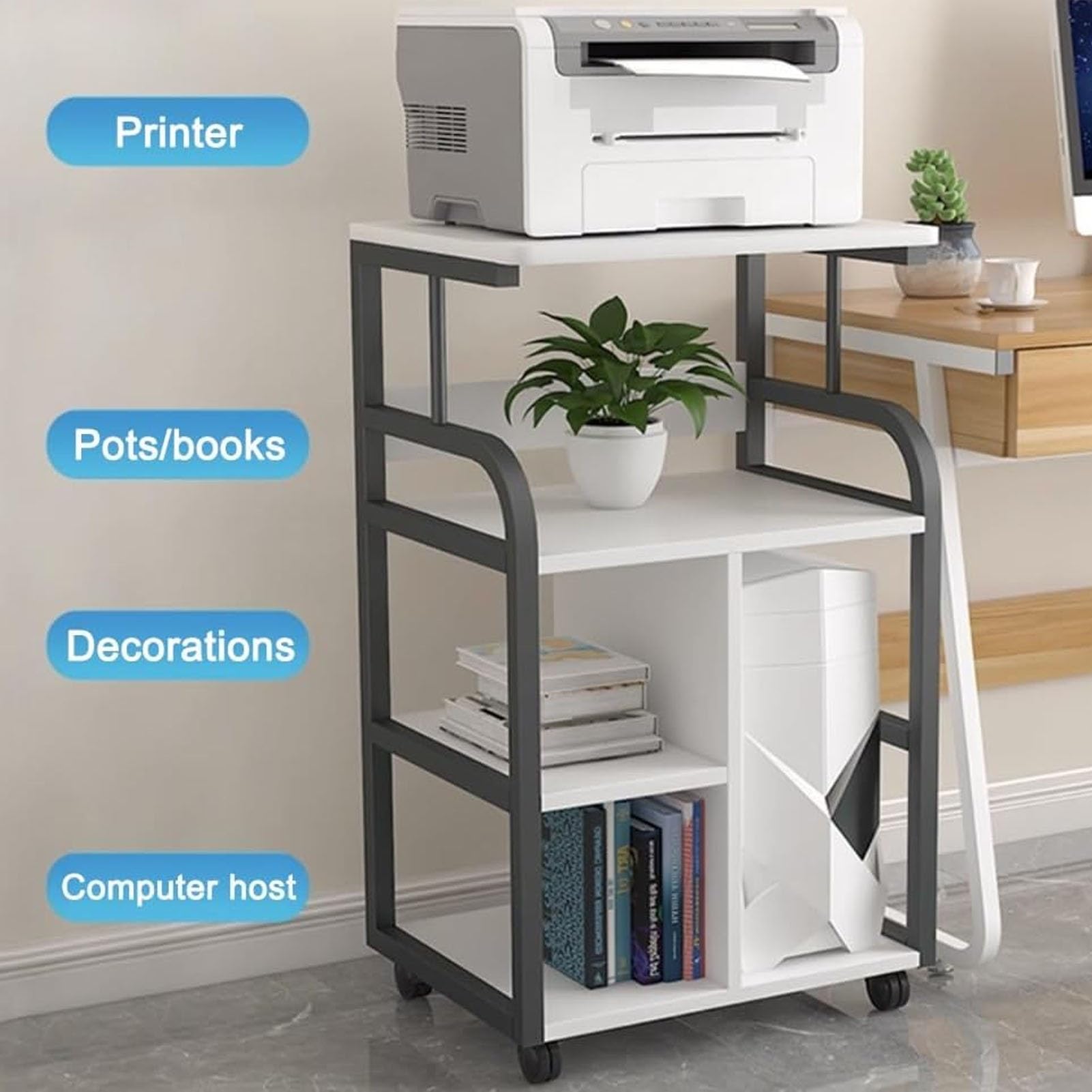 Soporte para impresora de 4 niveles con estante de almacenamiento, carrito móvil resistente para suministros de oficina, fax, escáner, archivos y organización de libros