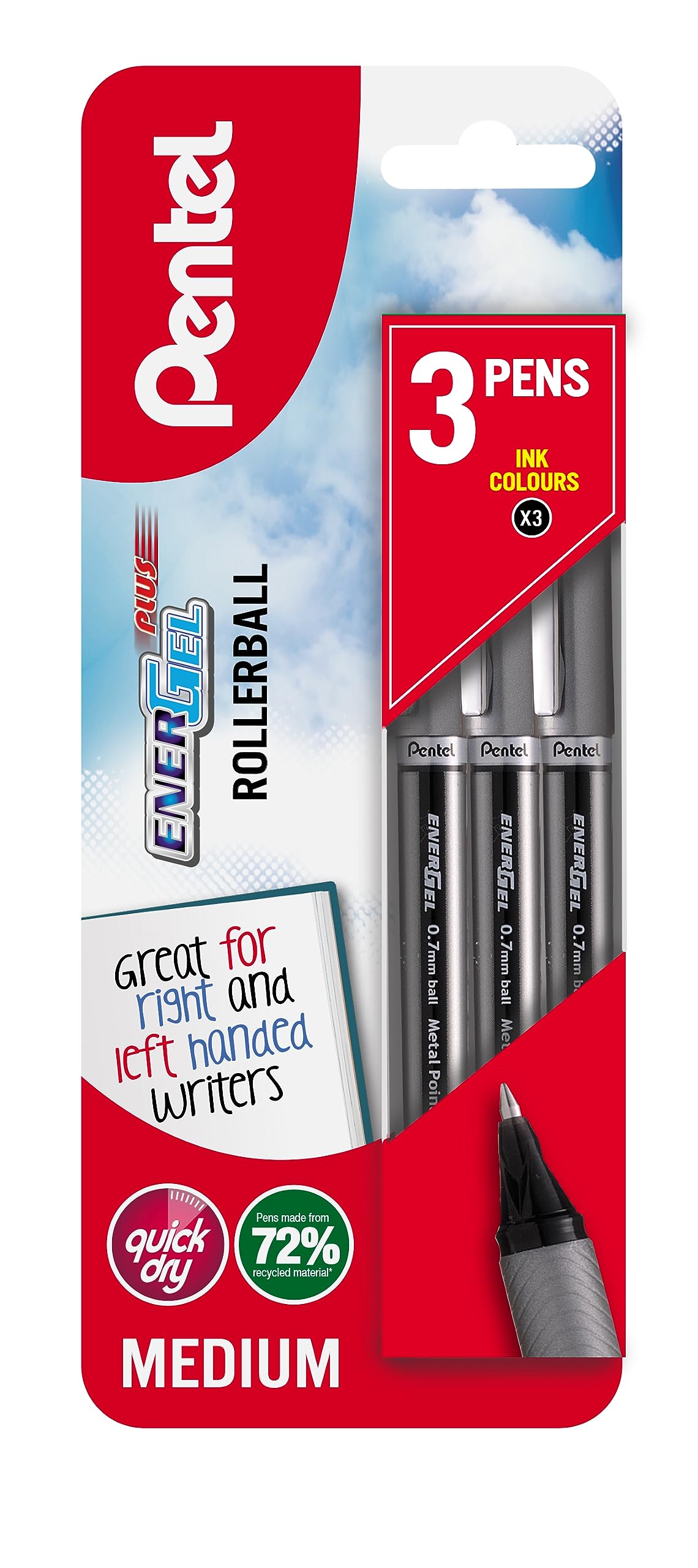 Pentel EnerGel Plus Triple Blister Black, 3 count (Pack of 1)