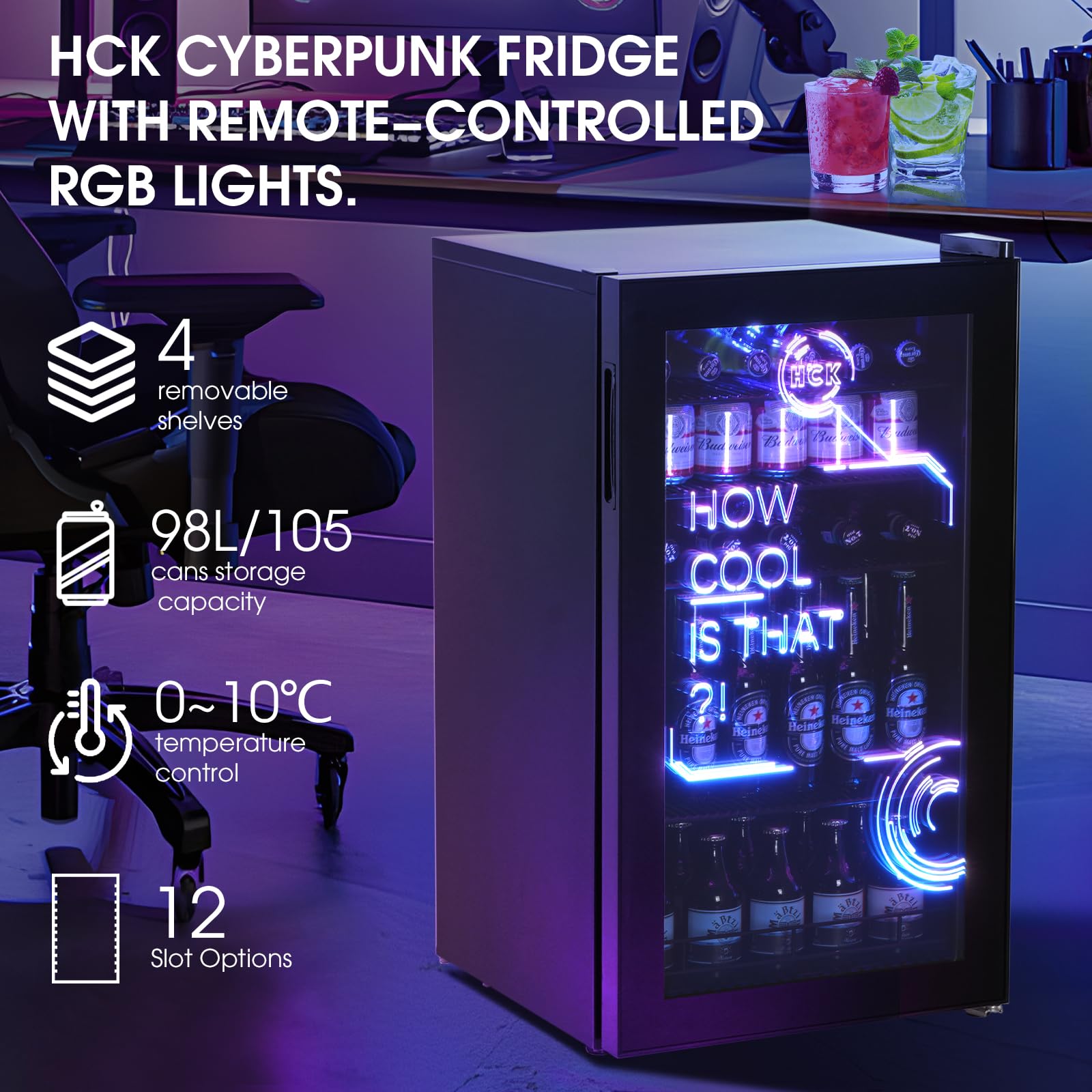 HCK Nevera Pequeña 98L, Mini Nevera con Iluminación Moderna Cyberpunk, Frigorifico Puerta Cristal de 0 a 10°C, Para Sala de Juegos, Fiesta, Negro