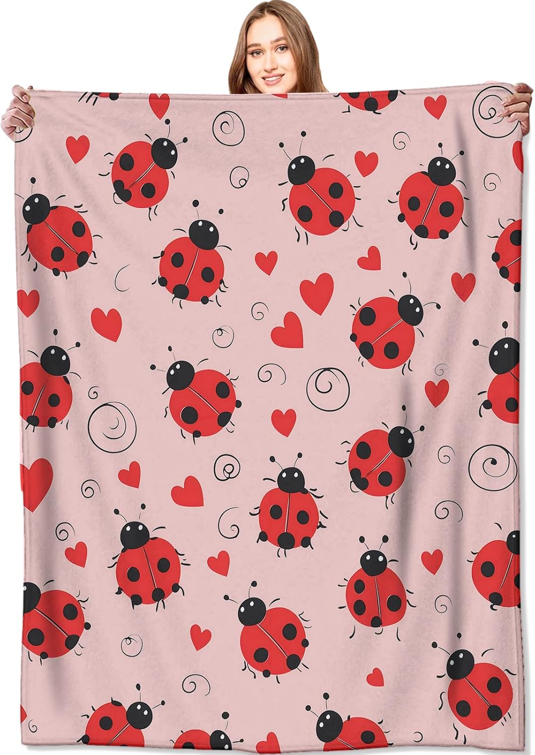 VODRM Red Ladybug Love Blanket Hearts and Swirls Pink Throw