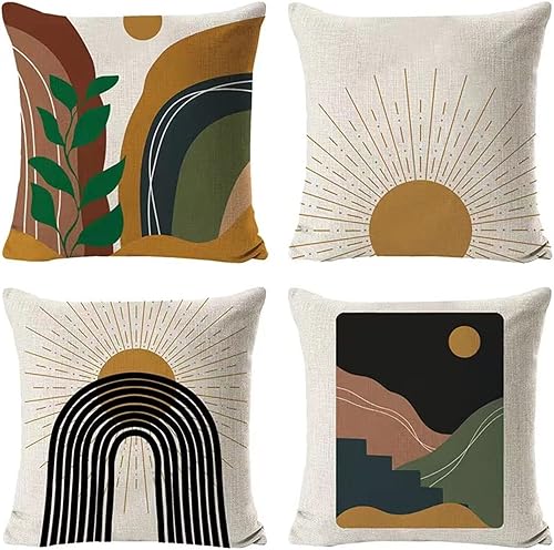 Miniatura 8 de Juego de 4 fundas de almohada abstractas bohemias de 18 x 18 pulgadas, fundas de almohada de mediados de siglo, puesta de sol, amanecer, montaña,