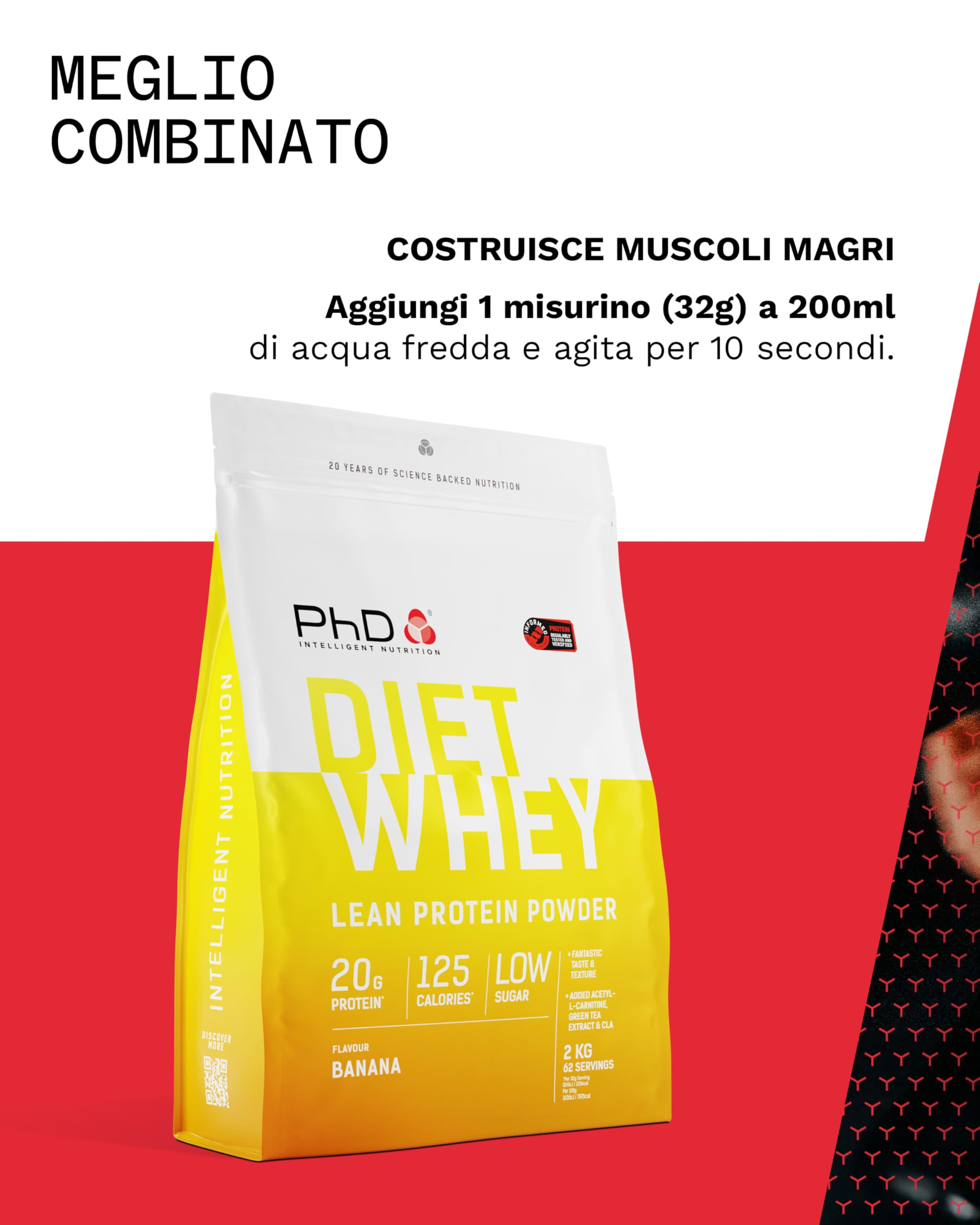PhD Nutrition Diet Whey Protein in Polvere 2kg Banana - Proteine del siero di latte con 20g di proteine e 5,5g di BCAA per porzione, Basso contenuto di zuccheri e calorie