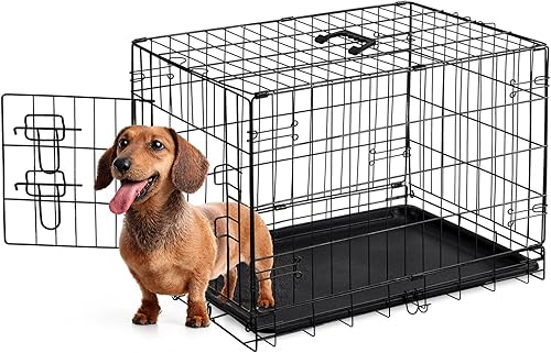 Miniatura 9 de Sweetcrispy Jaula pequeña para perros con panel divisor, jaula plegable de alambre de metal de doble puerta de 24 pulgadas con bandeja de plástico a