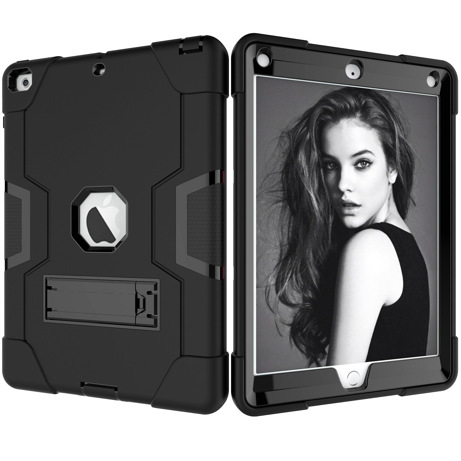 HBS Case for New iPad 9.7 2018/2017, Heavy Duty Kickstand with 3-in-1 Case Full-Body Shockproof Rugged Protective Case Cover for Apple iPad 9.7 inch 5th/6th Gen(Model:A1822,A1823,A1893,A1954)-Black