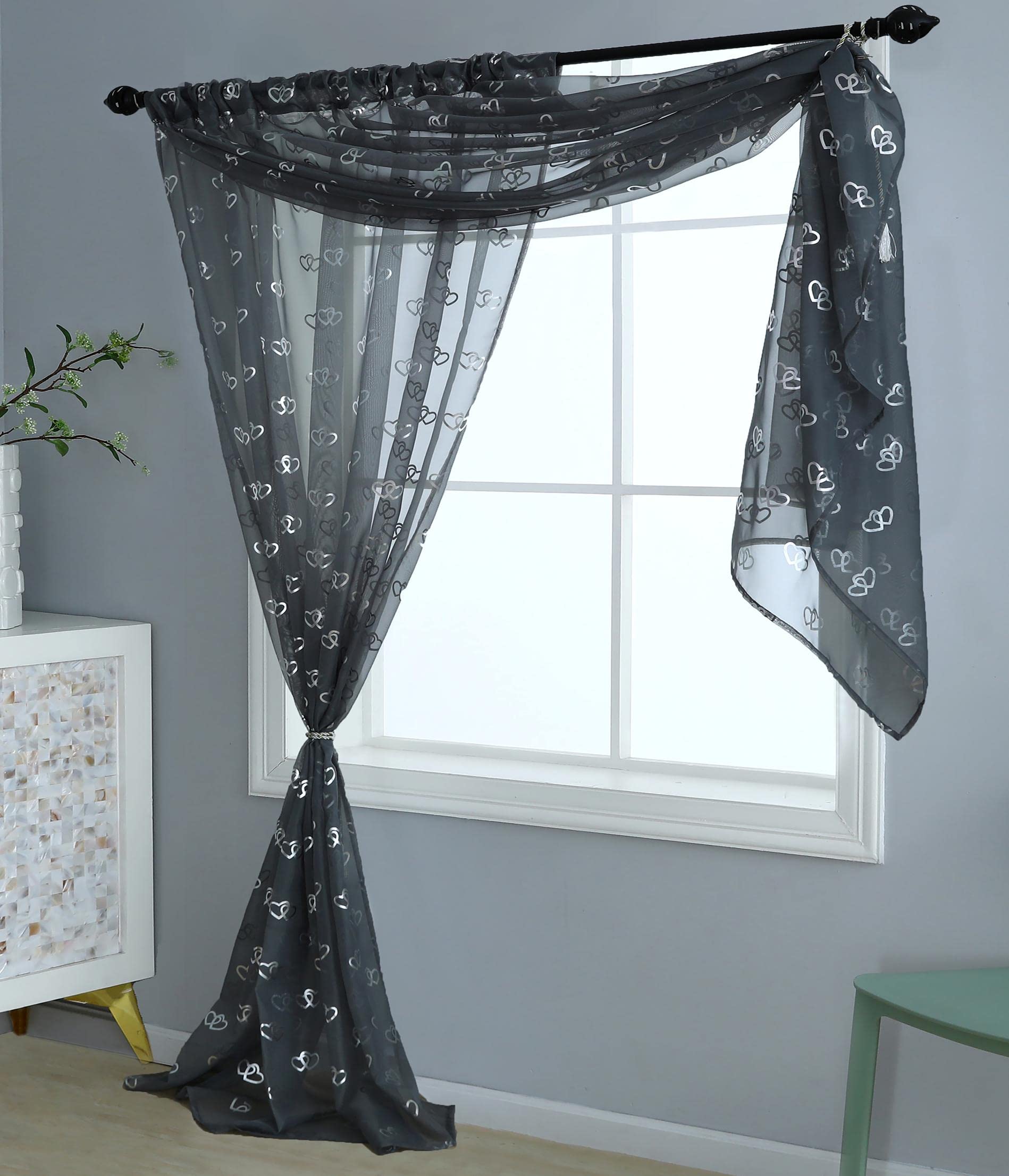 Amania Trading Ltd GREY Entwined Heart Slot Top Double Display Kids Voile Panel With Integral Valance Scarf - GREY/SILVER- 81" Drop