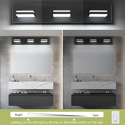 Miniatura 4 de SineRise Moderna lámpara LED para tocador de baño (3 luces, 24 pulgadas) (5CCT, regulable), negro mate moderno acrílico para pared de baño (3000
