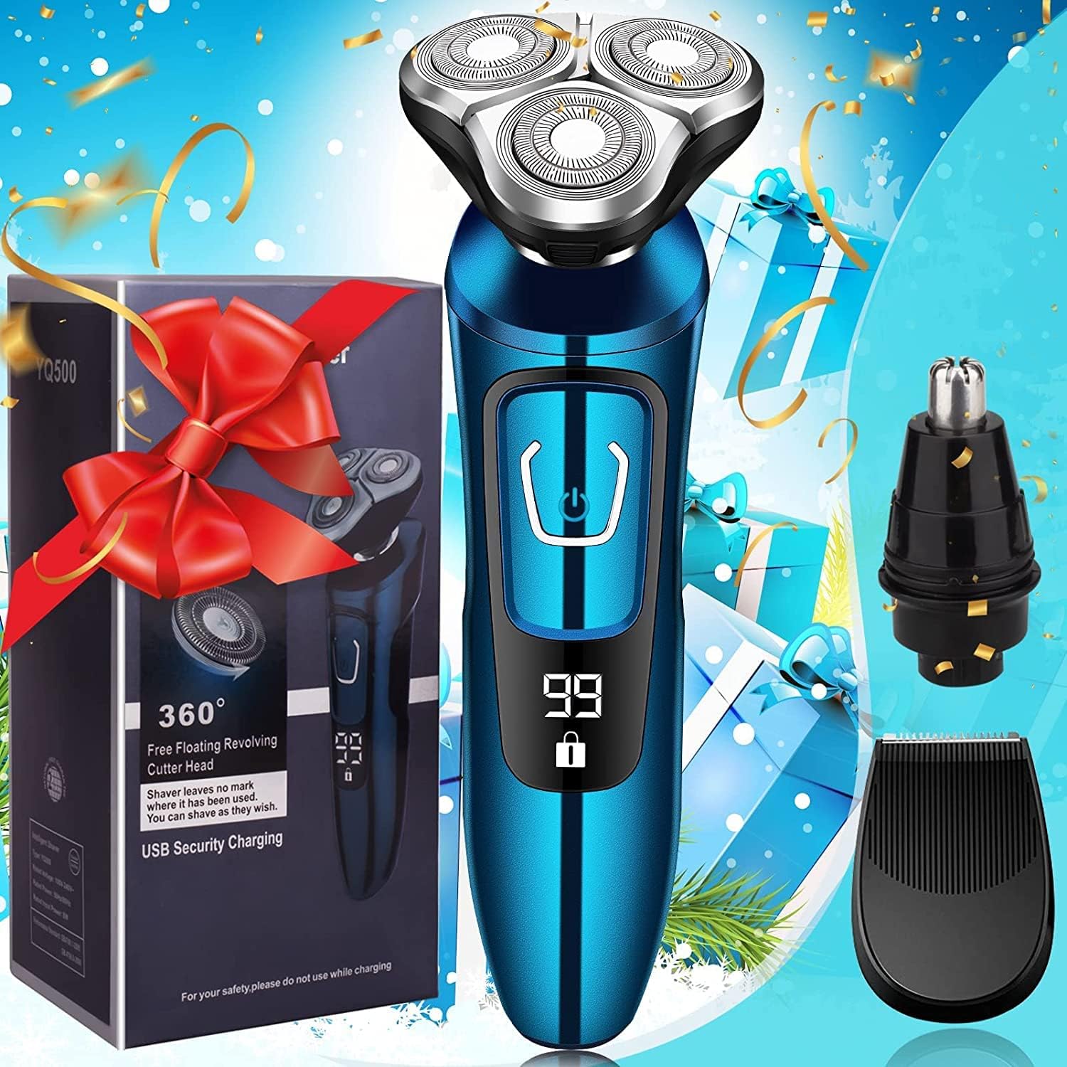 Electric Shavers for Men,Portable Mens Shaver Electric Razor for Men,Rechargeable Wet and Dry Cordless 3D Rotary Shaver with Sideburn Trimmer,IPX7 Waterproof Mens Razor for Shaving Travel(Blue)
