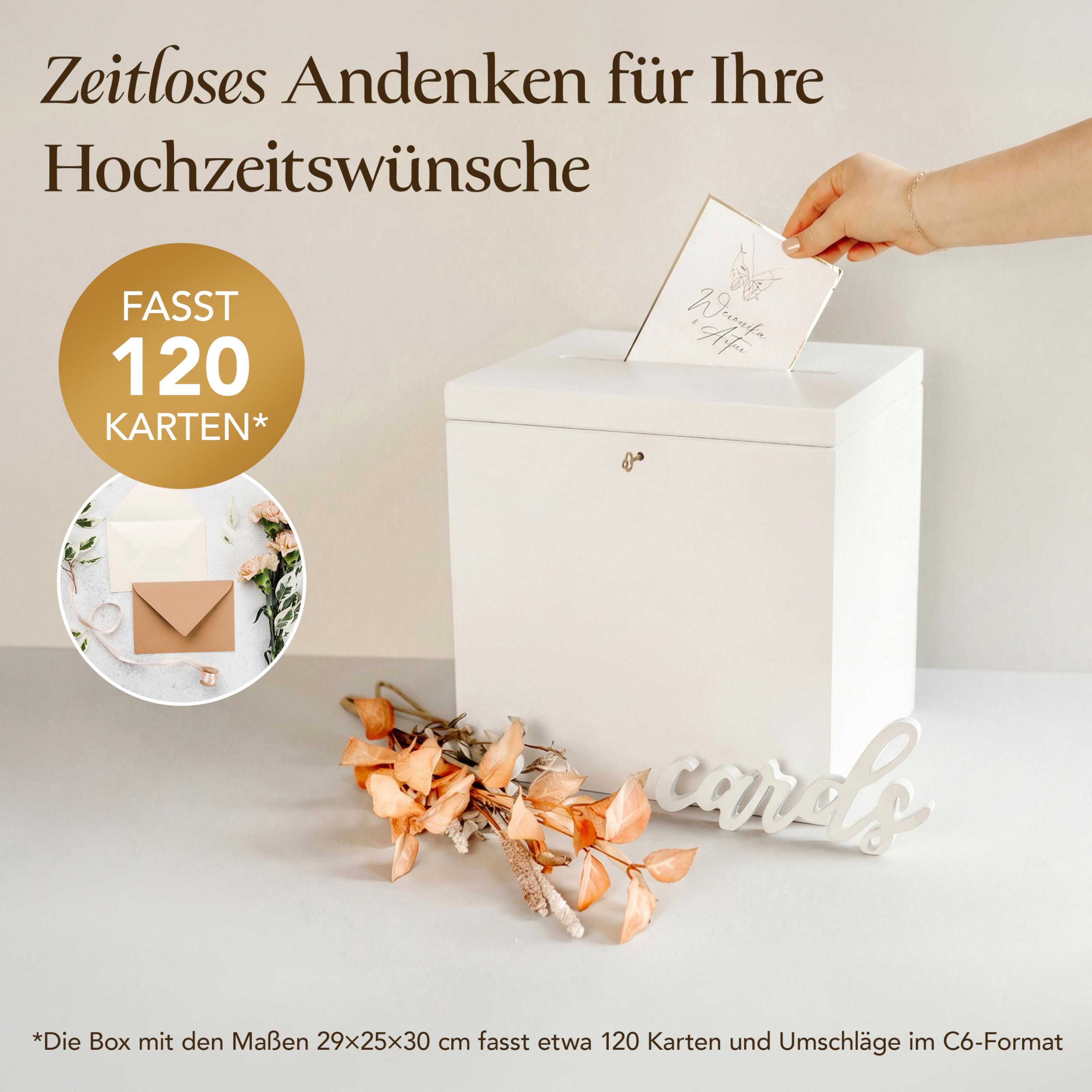 Creative Deco Weiße Holzkiste mit Deckel Kartenbox Hochzeit | 29x25x30 cm | Geldgeschenke Holzbox mit Schlitz, Schloss und Schlüssel Geschenkkarten Box Geldbox Briefbox Kasten | Lagerung Spendenbox