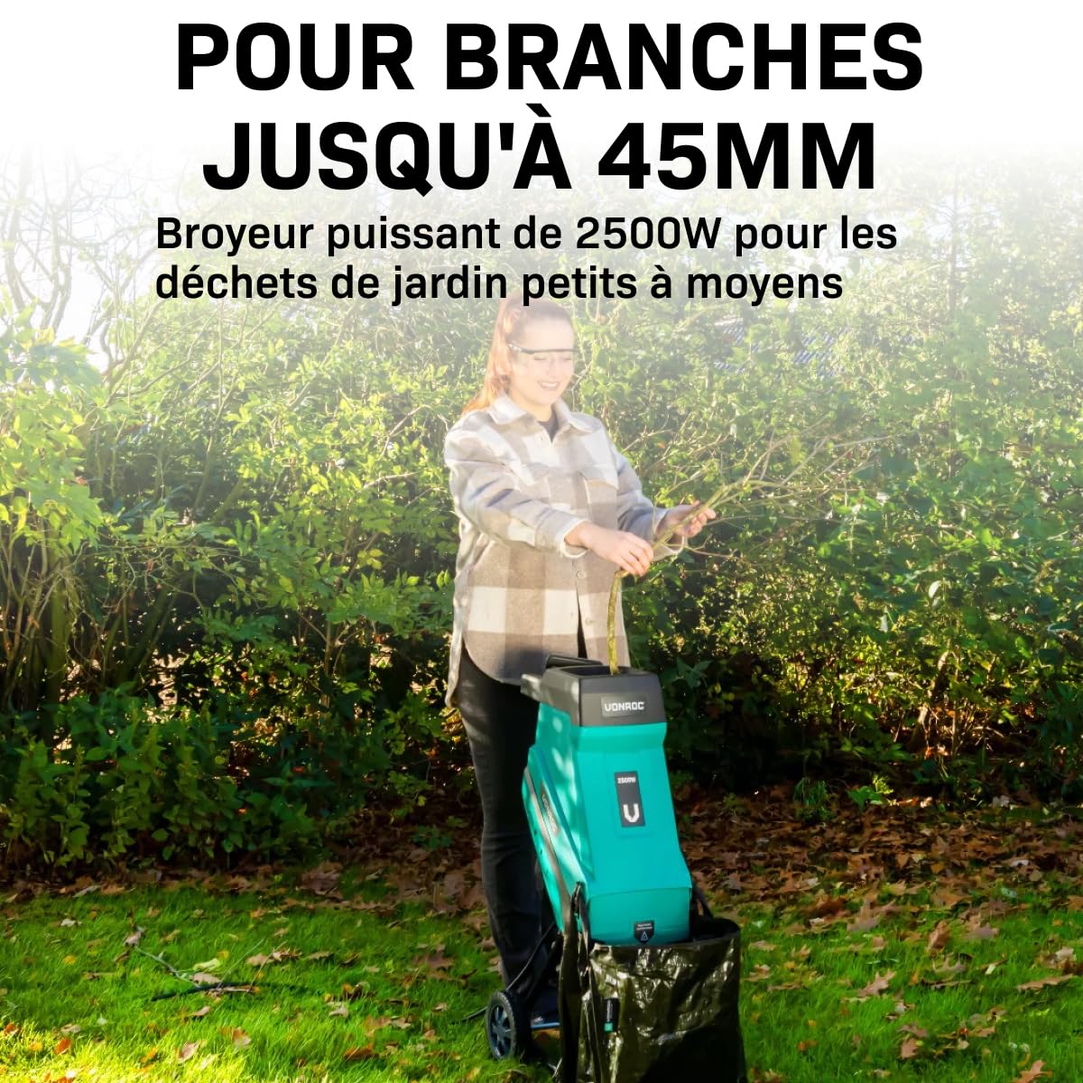 VONROC Broyeur de végétaux 2500W – Pour branches jusqu’à Ø45mm - Sac de ramassage de 45L et poussoir inclus -Silencieux et robuste - broyeur pour déchets de jardin - Fonction de sécurité