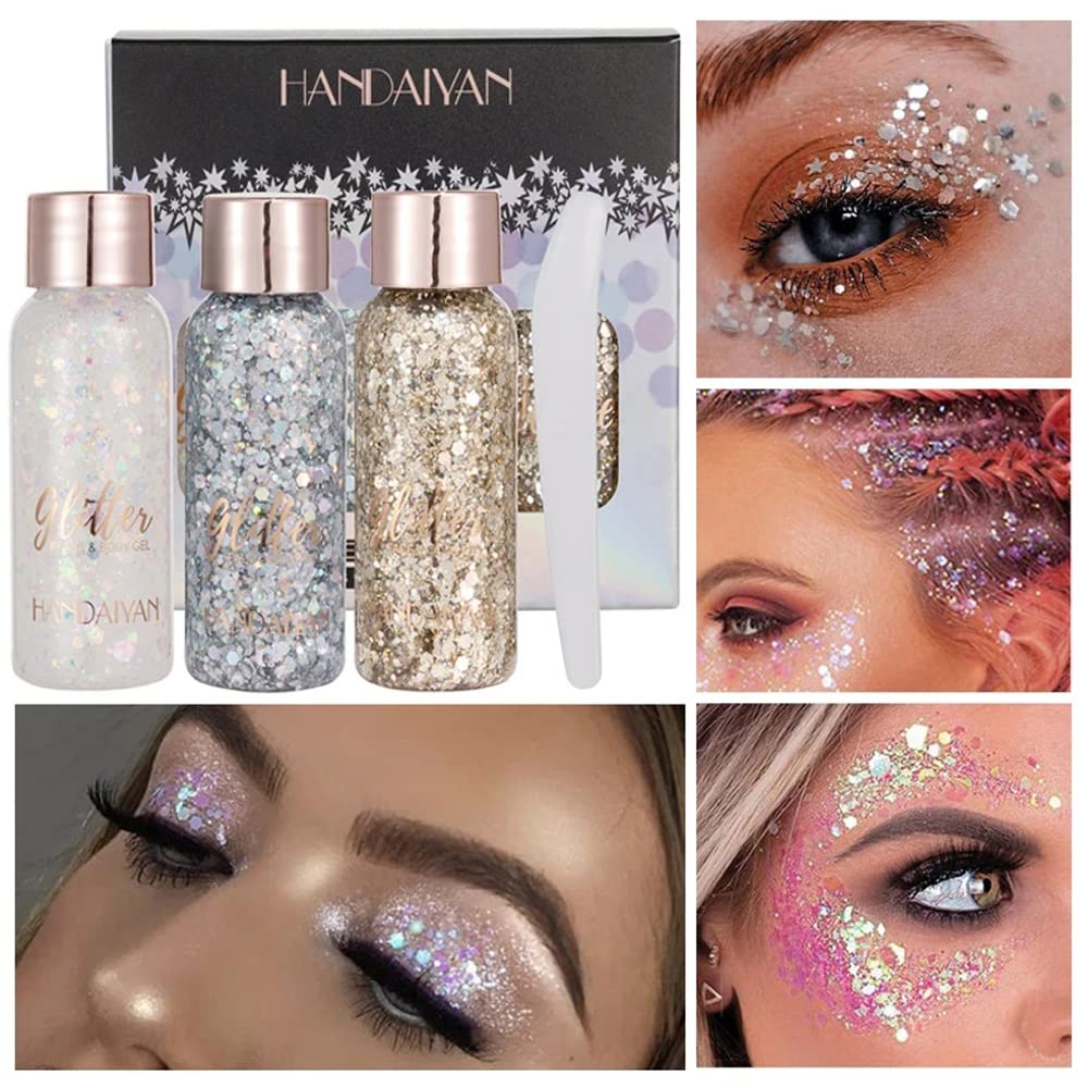 Mermaid Sequins Chunky Glitter Liquid Eye Shadow Glitter Body Gel Festival Glitter Cosmetic Face Hair Nails Lips Makeup Long Lasting Sparkling 3 pcs/Set Stage Party Flash Decor (A)
