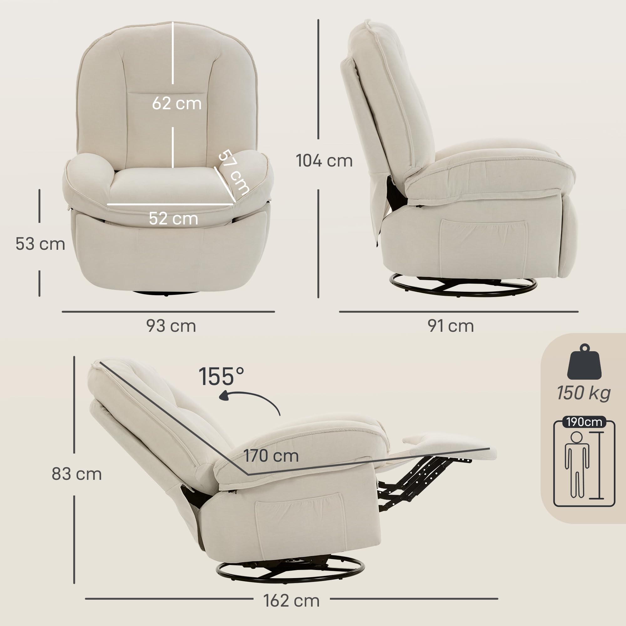 HOMCOM Fauteuil inclinable en chenille, fauteuil de relaxation pivotant à 360° avec repose-pieds, assise large, dossier épais, poches latérales, poignée de tirage, pour salon bureau home cinéma, crème