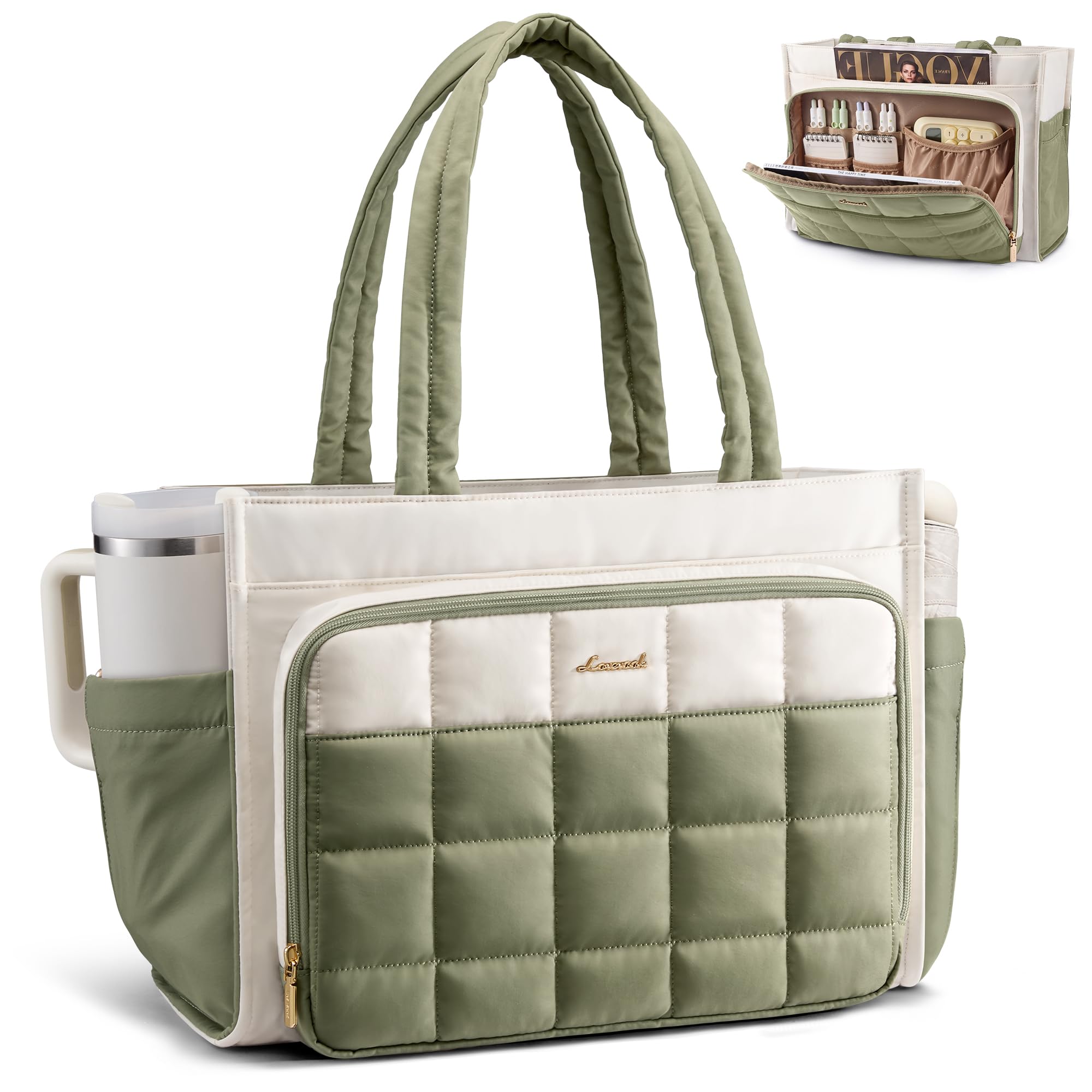 LOVEVOOK Teacher Tote Bag for Women Work Laptop Purse With Large Cup Holder | Large Puffer Nurse Handbag Bible Diaper Tote for Gifts, 15.6 Inch Waterproof Computer Bag for Business Travel Office College Cream-bean Green 15.6 inch