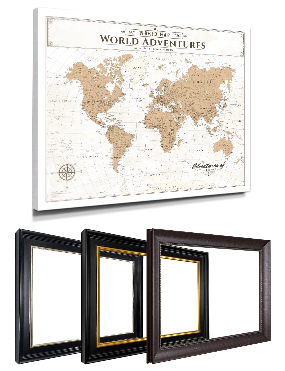 IPIC Personalized Vintage Framed World Map Pin Board, Image Size 30x24 in