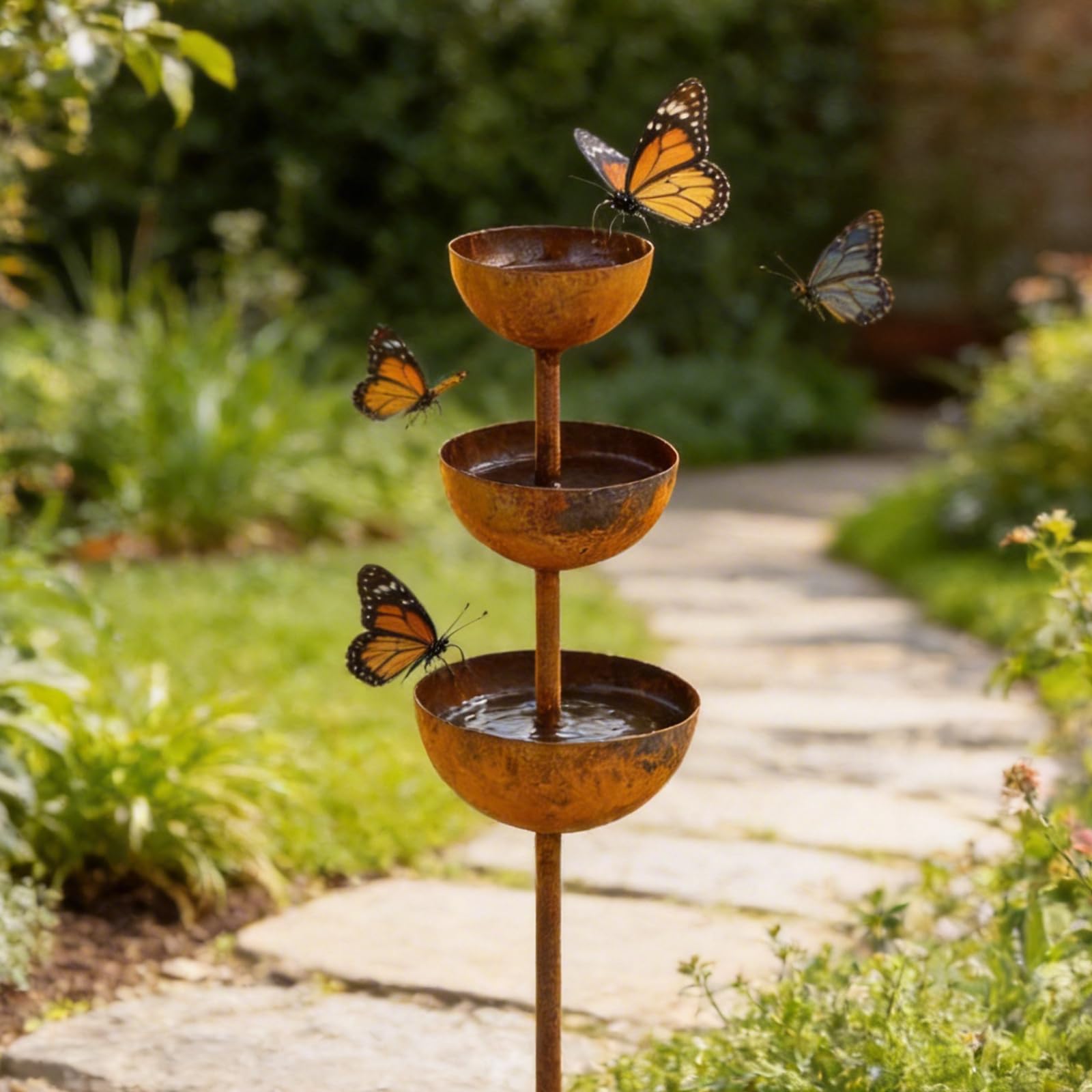Rain Catchers 3-tiered Vintage Rust Patina Rain Catcher For Garden Patio Yard Metal Flower Gardening Stakes Bird Bath Garden Ornament Water Fountain Bowls For Hummingbird Bird Bee Watering Station Cup