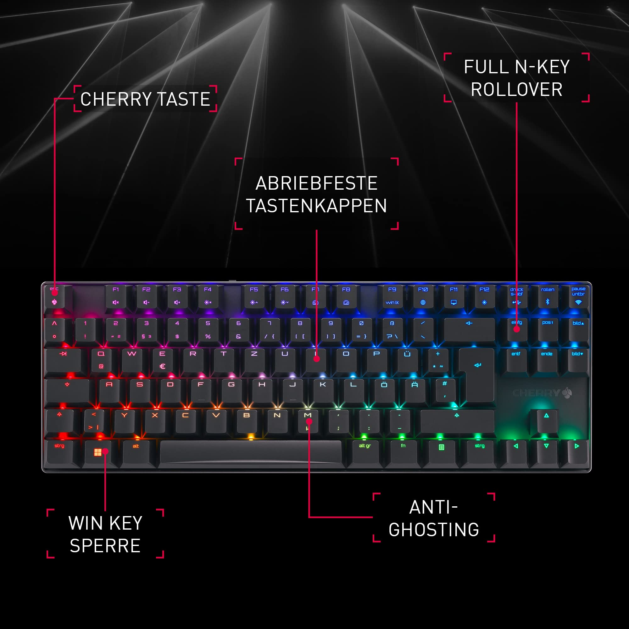 CHERRY MX 8.2 TKL Wireless, Kabellose Gaming-Tastatur ohne Nummernblock, Deutsches Layout (QWERTZ), Bluetooth, 2,4 GHz und Kabel, MX2A RED Switches, Schwarz