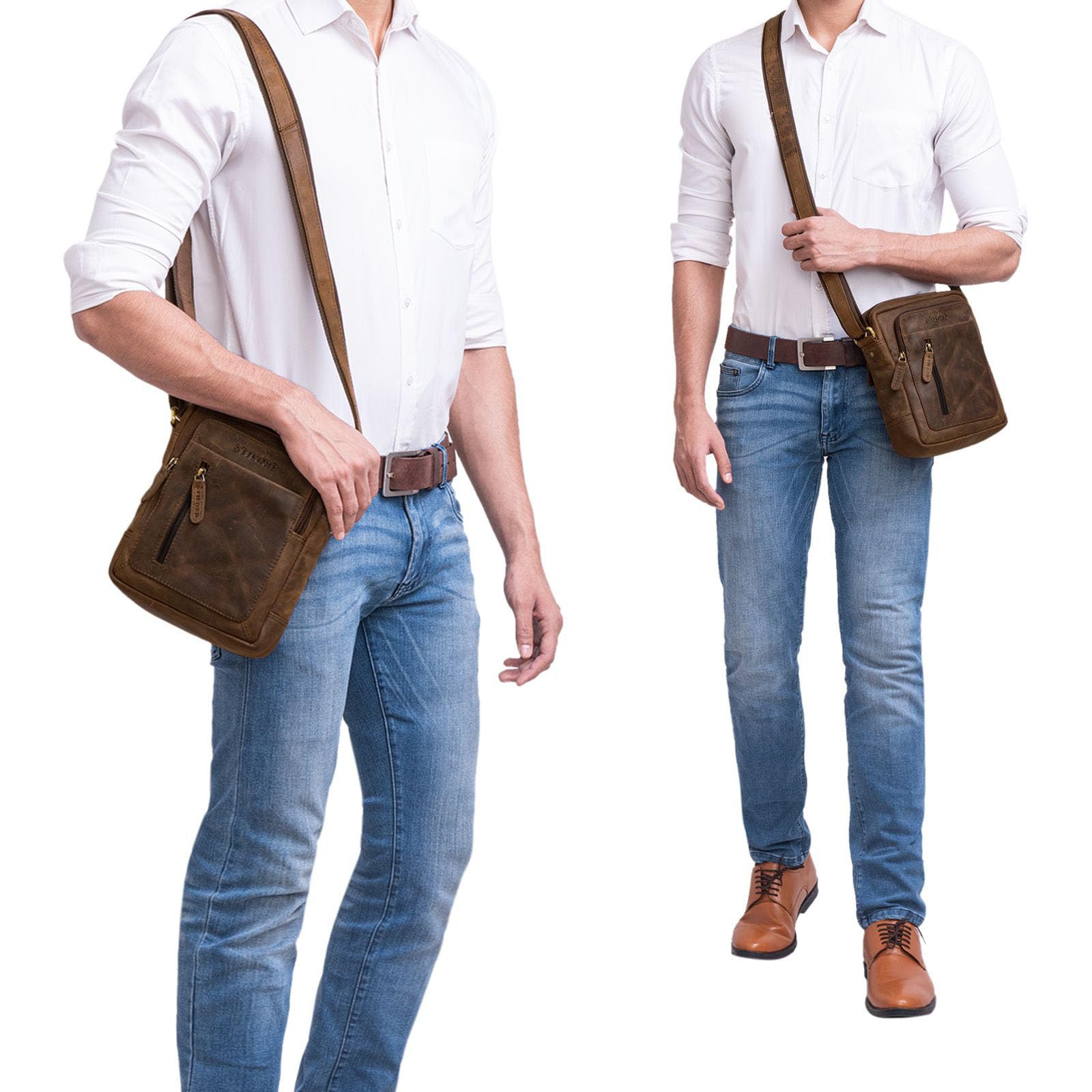 STILORD Jamie Petit Sacoche Homme Bandouliere Cuir Véritable, Compact pour Le Quotidien et Les Voyages - Sac en Cuir ou a Main pour Homme - Sac à Bandoulière pour Hommes Couleur:girona - Marron