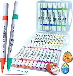 Marcadores de Tinta Premium, Conjunto de Marcadores Acrílicos Ponta Dupla, Ponta Média e Cinzel para Pintura de Tecidos, Pedras, Madeira, Tela, Cerâmica, Vidro, para Crianças e Adultos (36 cores USA)