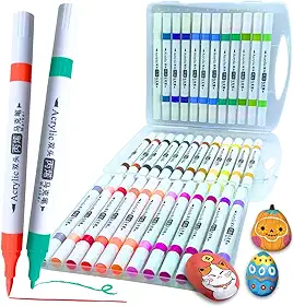 Marcadores de Tinta Premium, Conjunto de Marcadores Acrílicos Ponta Dupla, Ponta Média e Cinzel para Pintura de Tecidos, Pedras, Madeira, Tela, Cerâmica, Vidro, para Crianças e Adultos (36 cores USA)