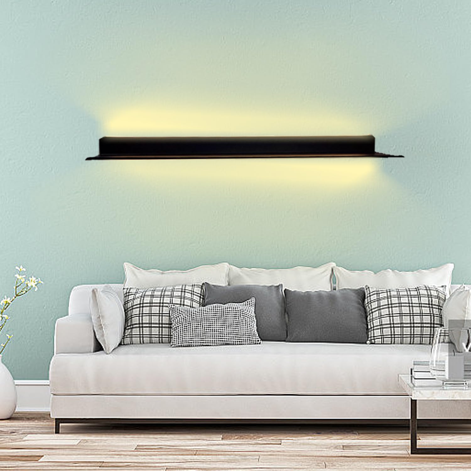 32 inch Floating Shelves with Built-in Illuminated LED Light and Invisible Brackets, Metal Display Shelves for Plant Shelf or Bookshelf, Black Wall Decor, Lighted Display Stand