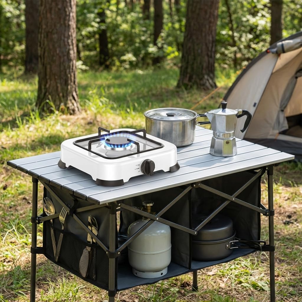 Fornello a Gas Portatile 2,2 kW con Accensione Manuale, Struttura in Metallo Smaltato, Valvola di Sicurezza CE, Ideale per Campeggio e Cucina di Emergenza(1 Fuoco)