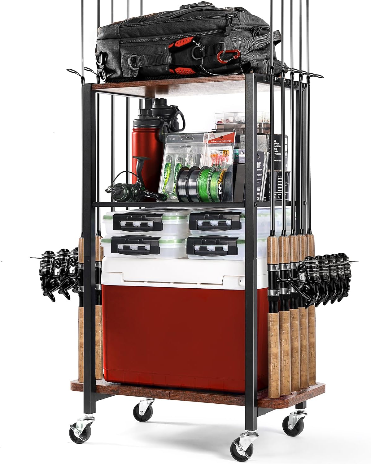 Ghosthorn Fishing Rod Holders for Garage, Fishing Gear and equipment Rotating Tackle Storage Cart, Pole Rod Rack Hold up to 10 Rods, Fishing Gifts for Men, Brown Ghosthorn Fishing Rod Holders for Garage, Fishing Gear and equipment Rotating Tackle Storage Cart, Pole Rod Rack Hold up to 10 Rods, Fishing Gifts for Men, Brown