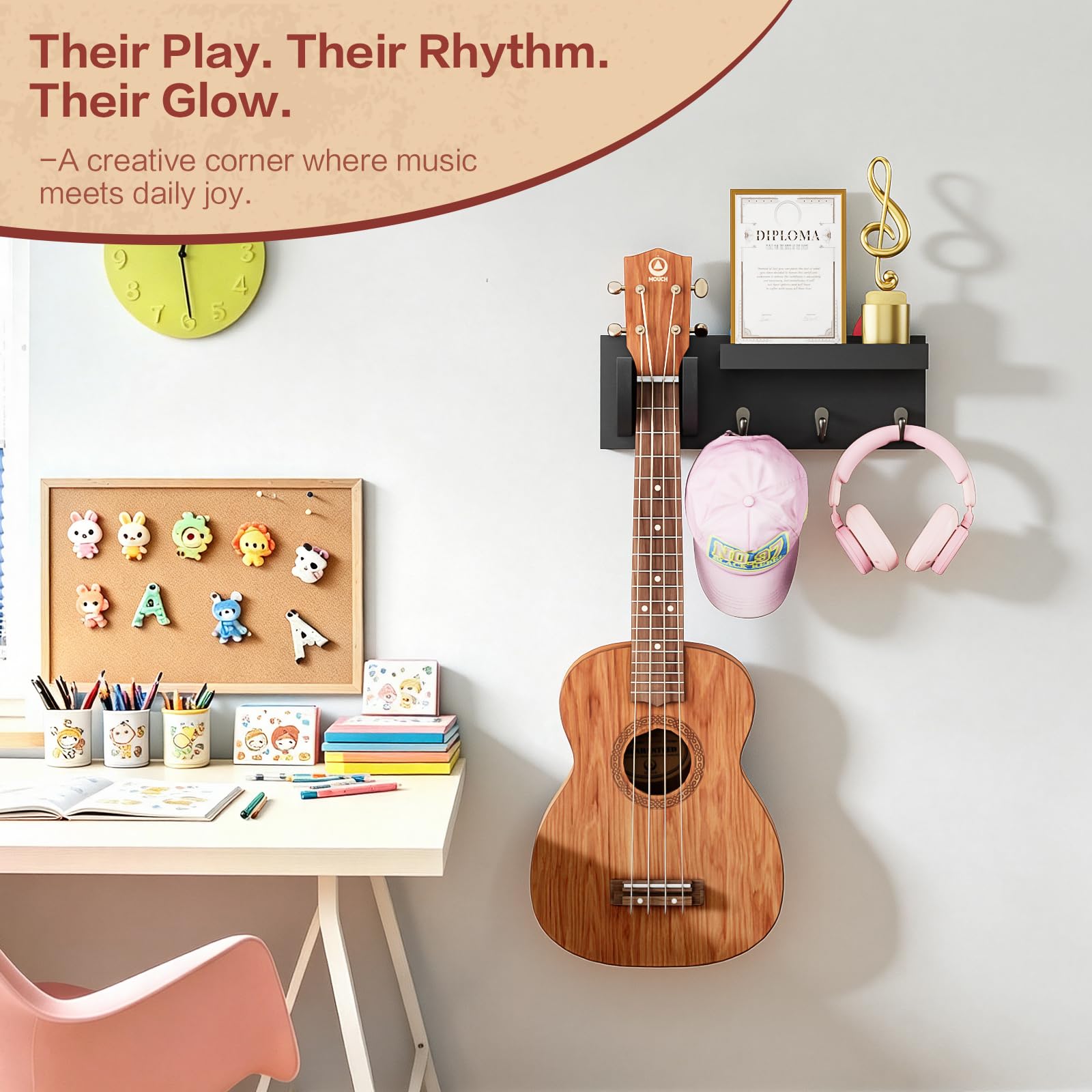 Bikoney - Colgador de pared para guitarra, soporte de pared para guitarra, madera con 3 ganchos, color negro