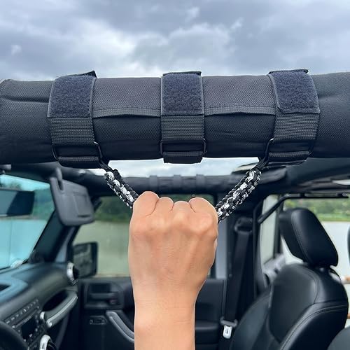 Miniatura 7 de ROMASO Asas de agarre para Jeep Wrangler, asas de agarre de barra enrollable, material de paracaídas, camuflaje blanco y negro, paquete de 2