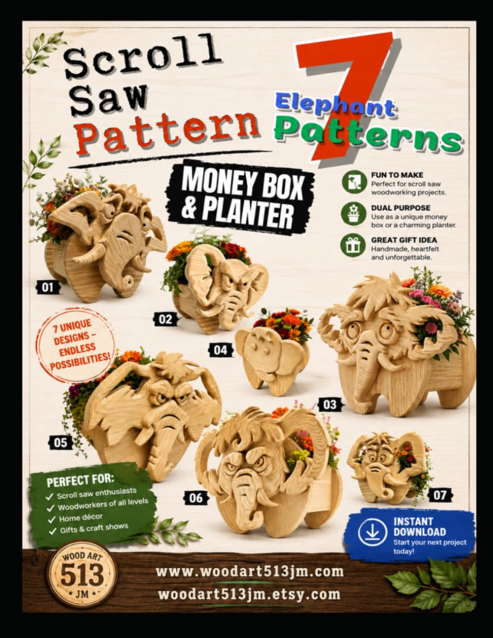 7 Elephant Scroll Saw Patterns: Money Box & Planter Collection