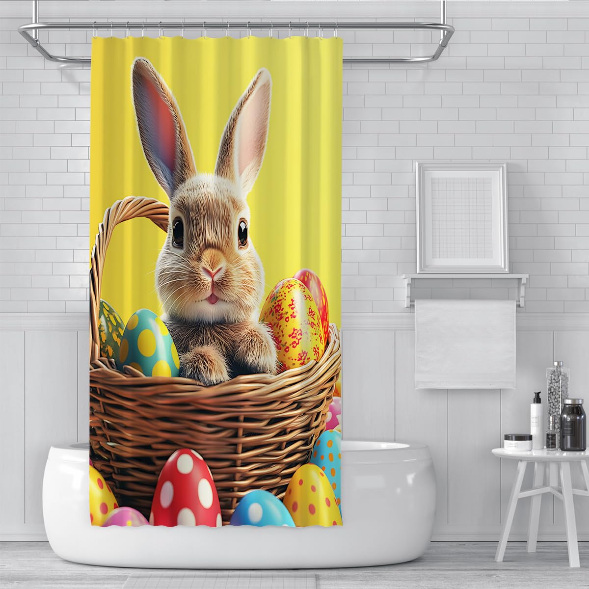 Kanincheneier Kunst Badevorhang Festliche Osterszene Duschvorhang für den Frühling Kinderzimmer Badezimmerdekoration Wasserdichter Polyesterstoff Gelb 180 x 180 cm