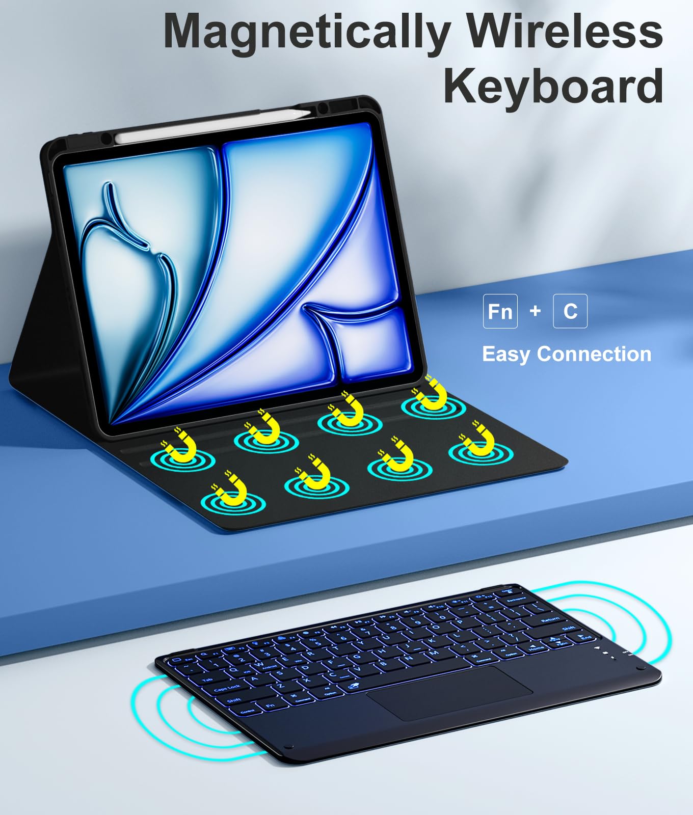 Hamile Custodia per iPad Air da 13" (M3/M2) – Tastiera wireless magnetica con trackpad multi-touch retroilluminato a 7 colori, antimacchia, custodia a libro per iPad Pro 12.9 6a 5a 4a 3a generazione
