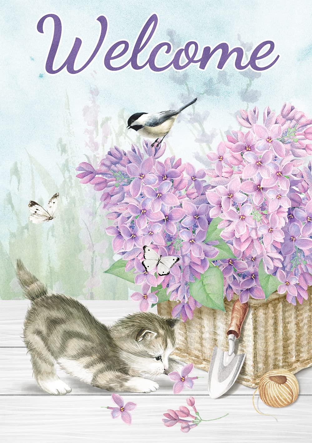 Texupday Welcome Cute Cat Kitty Purple Flower Bird Butterfly Decoration Home Spring Garden Flag Floral Outdoor Yard Flag 12" x 18"