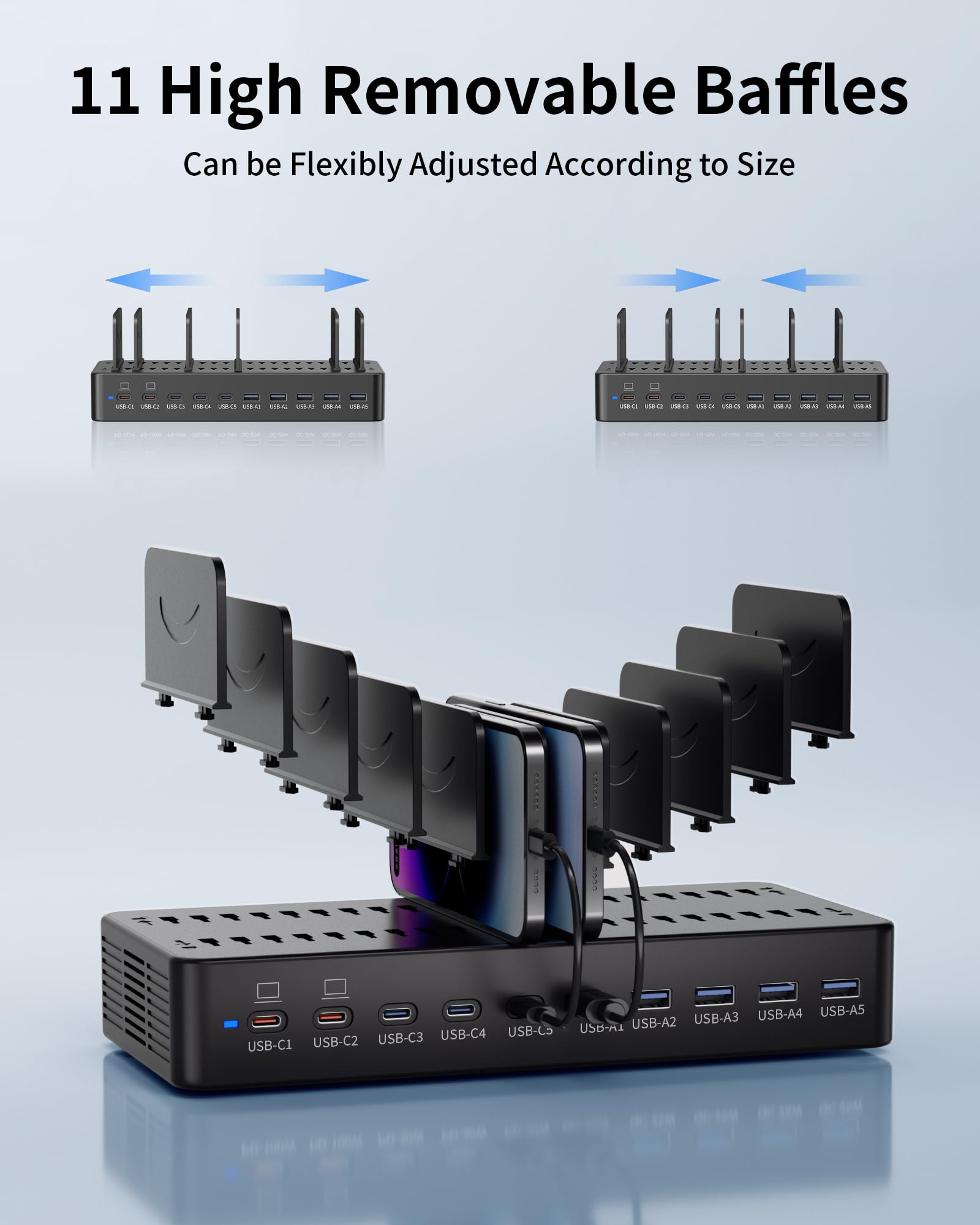Estación de carga de 580 W para múltiples dispositivos, estación de carga rápida USB C de 10 puertos, base de carga dual PD de 100 W con separadores ajustables y 6 cables, organizador de dispositivos