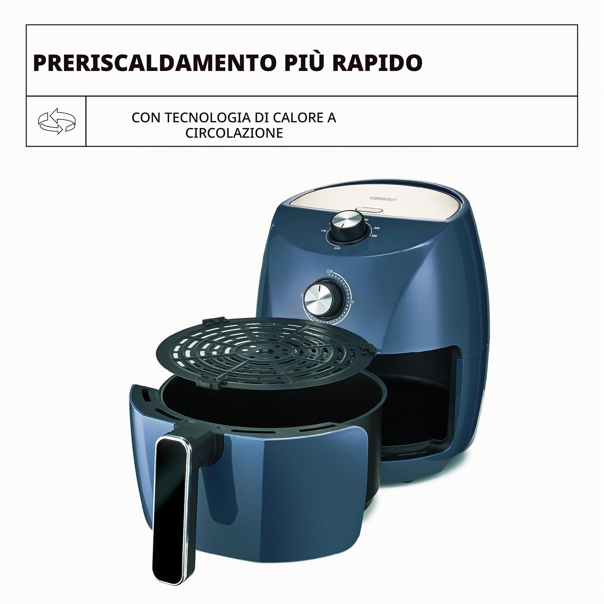 Crux Friggitrice ad Aria Manuale da 3.5 L, Preriscaldamento Più Veloce, Frittura Senza Olio, Cestello Antiaderente e Griglia di Cottura Lavabili in Lavastoviglie, Acciaio Inossidabile, Blu