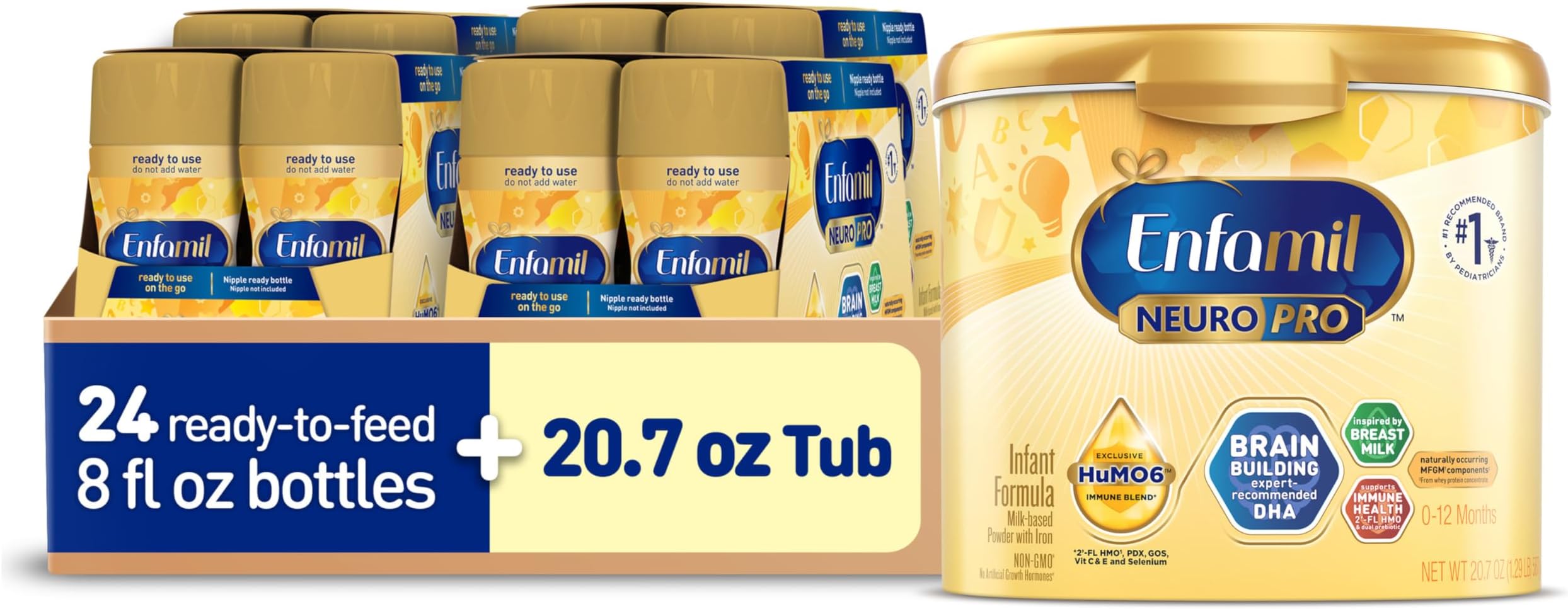 Enfamil NeuroPro Baby Formula, Infant Formula Nutrition, Triple Prebiotic Immune Blend, 2'FL HMO, & Omega-3 DHA, Non-GMO, Powder Tub, 20.7 Oz + Ready-to-Feed Infant Formula, Liquid, 8 Fl Oz (24 Count)