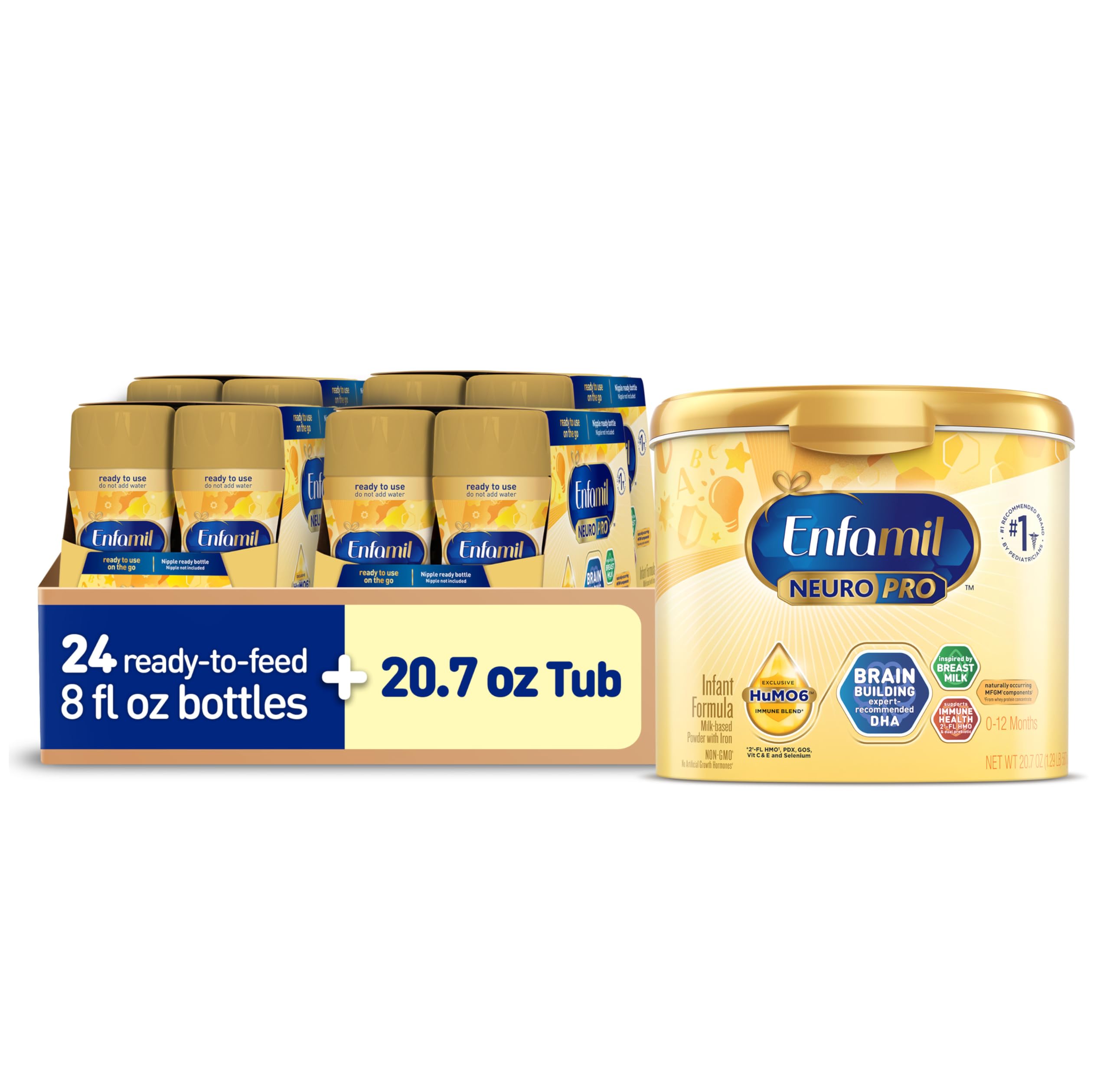 Enfamil NeuroPro Baby Formula, Infant Formula Nutrition, Triple Prebiotic Immune Blend, 2'FL HMO, & Omega-3 DHA, Non-GMO, Powder Tub, 20.7 Oz + Ready-to-Feed Infant Formula, Liquid, 8 Fl Oz (24 Count)