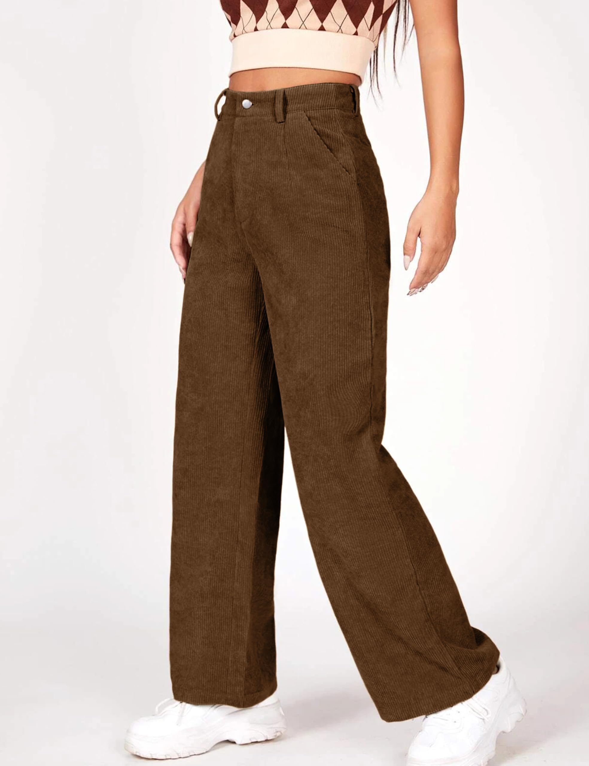 Himosyber Corduroy Pants for Women Casual Elastic High Waist Stretchy Wide Leg Pants Loose Fit Comfy Trousers with Pockets