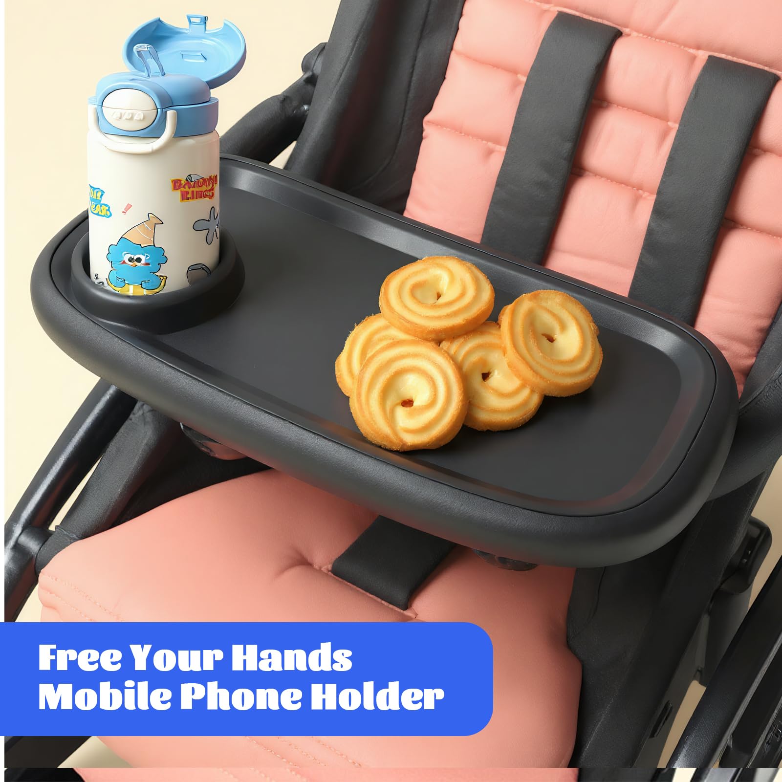 Vassoio per Passeggino Universale, Vassoio per Alimenti per Passeggino, 41x20cm, Rimovibile vassoio per Snack con Portabicchieri, Girevole a 360 Gradi, Regolabile per La Maggior Parte Dei Passeggini
